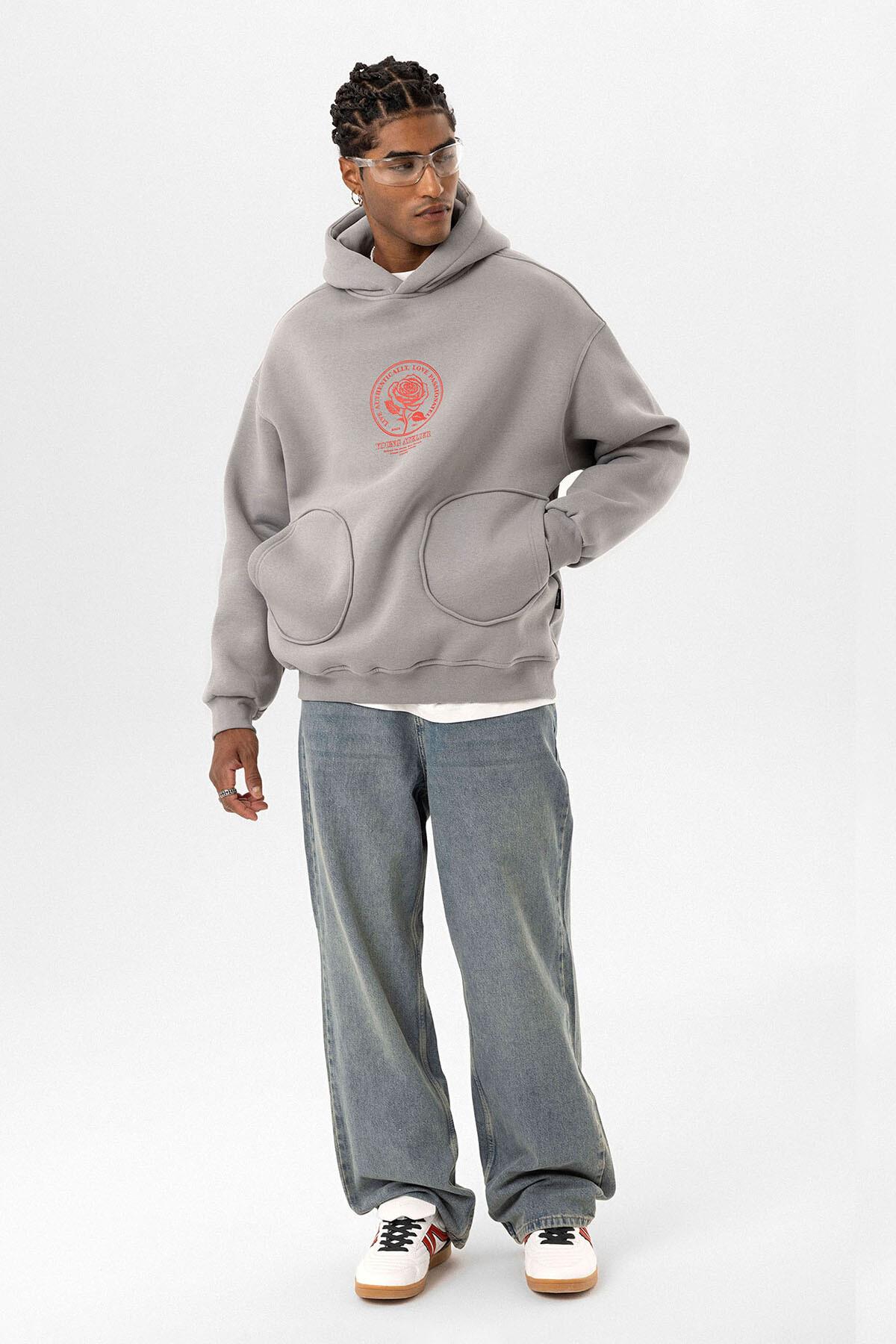 Cep Detaylı Baskılı Overıze Sweatshirt Gri