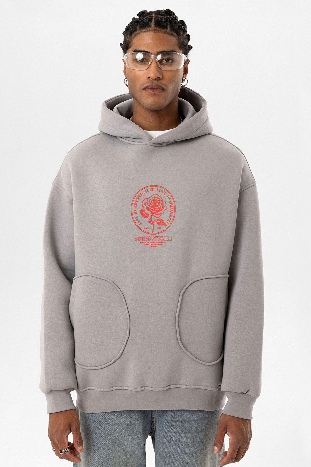 Cep Detaylı Baskılı Overıze Sweatshirt Gri