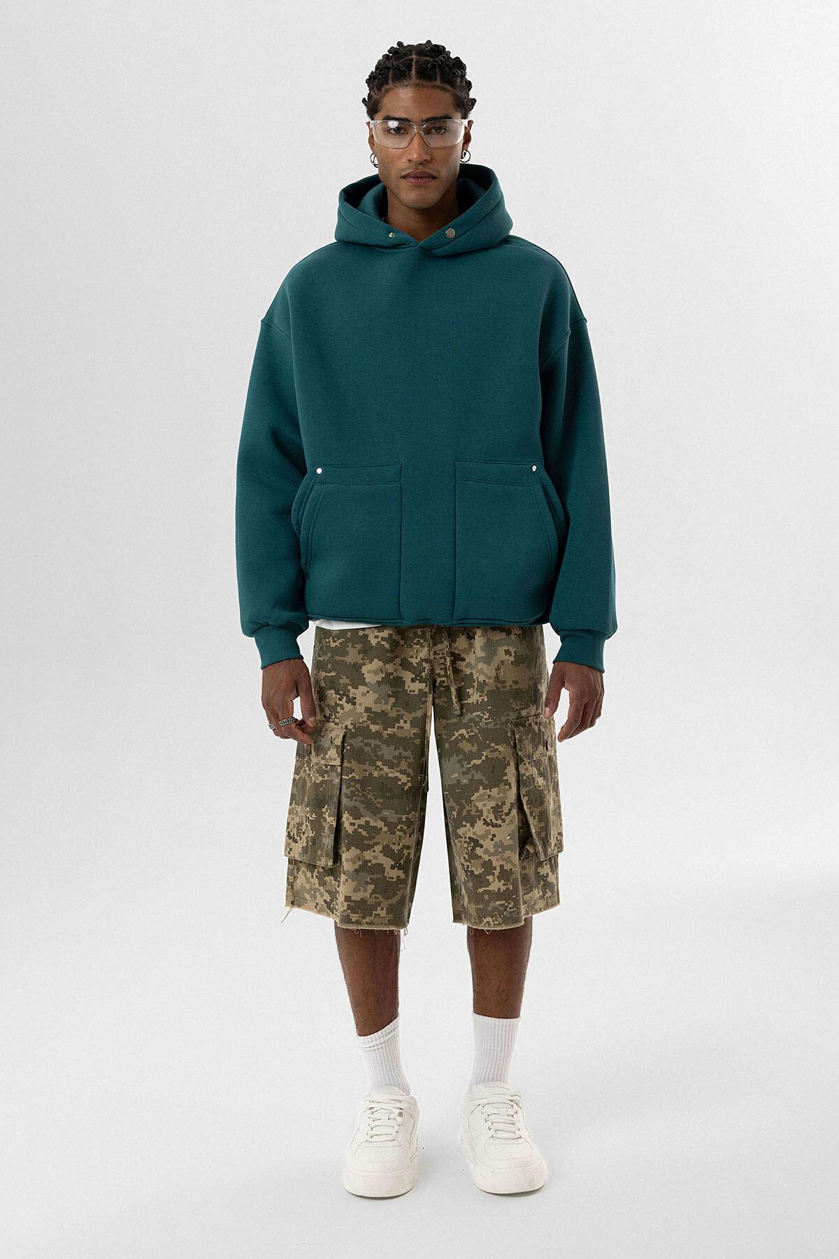 Cep Detaylı Kapüşonlu Oversize Sweatshirt Petrol