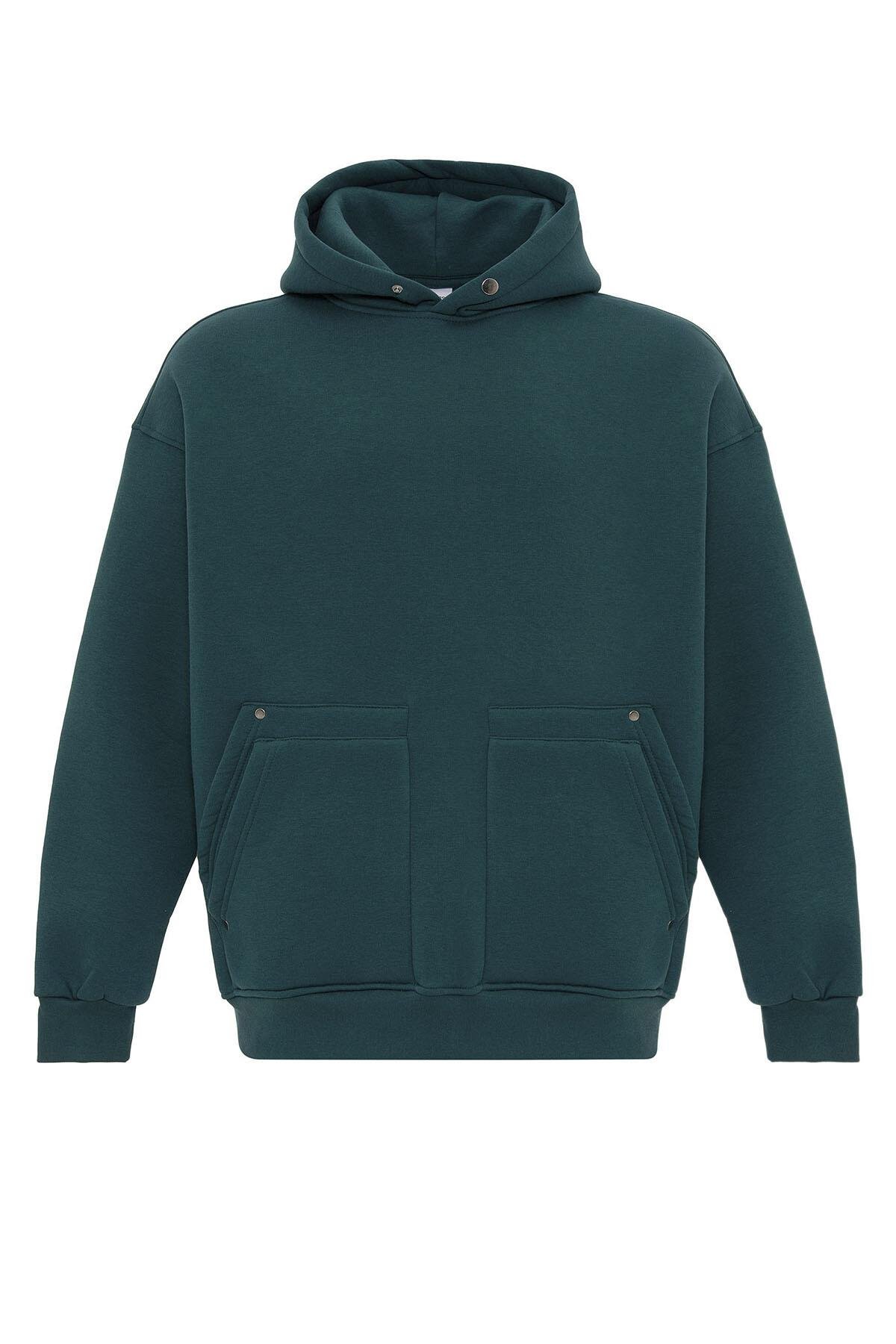 Cep Detaylı Kapüşonlu Oversize Sweatshirt Petrol