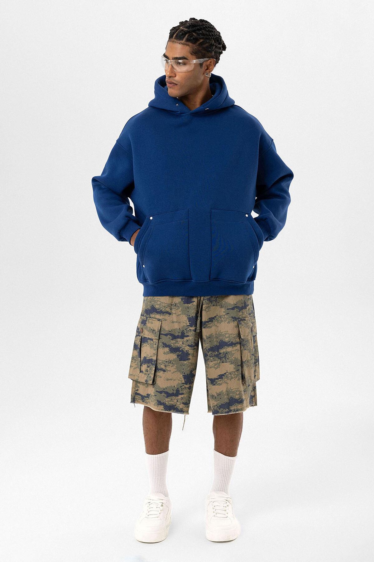 Cep Detaylı Kapüşonlu Oversize Sweatshirt İndigo