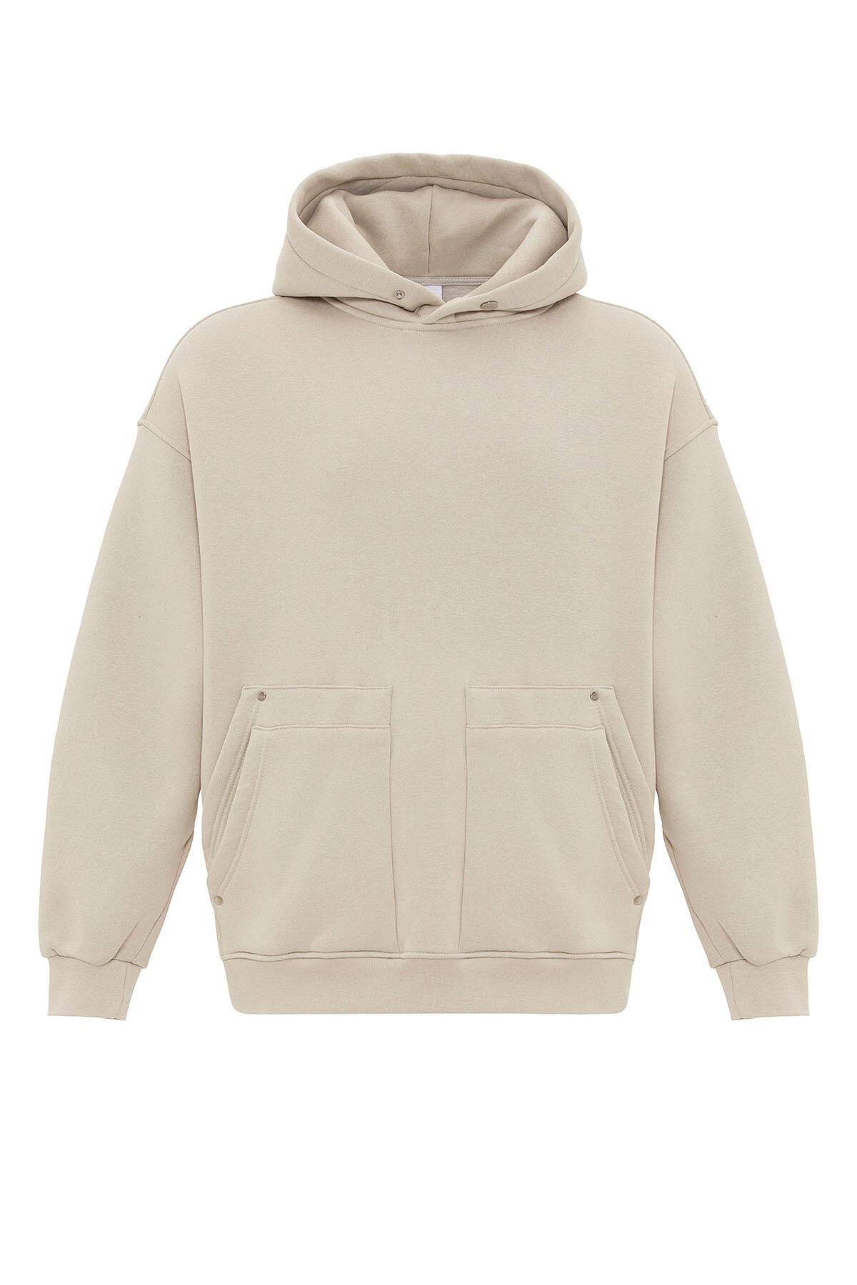Cep Detaylı Kapüşonlu Oversize Sweatshirt Buz Grisi