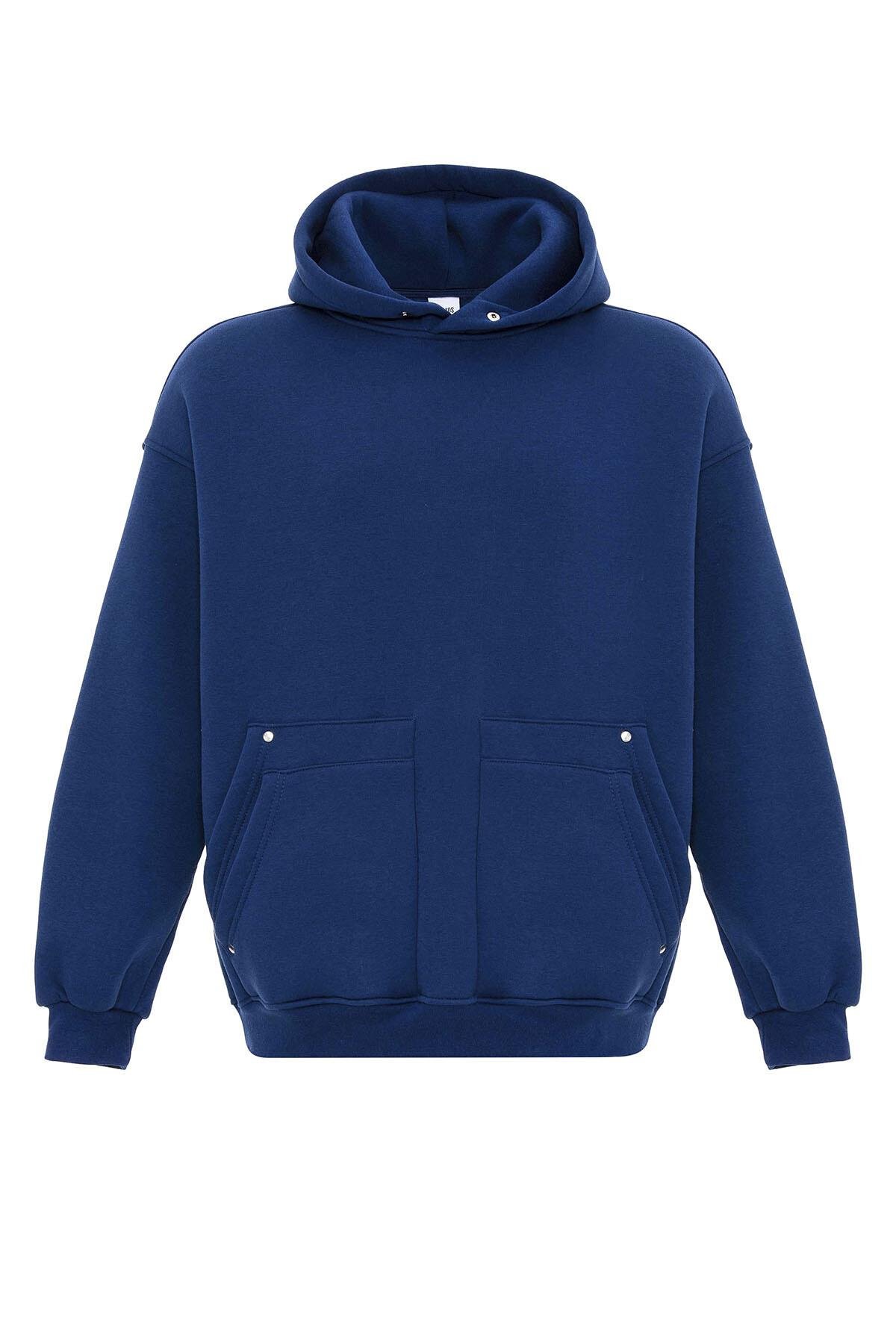 Cep Detaylı Kapüşonlu Oversize Sweatshirt İndigo