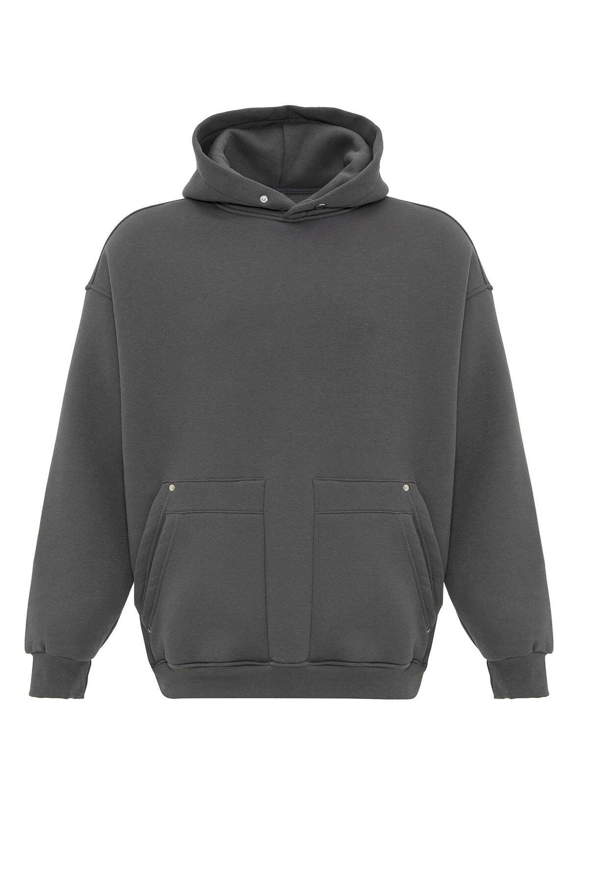 Cep Detaylı Kapüşonlu Oversize Sweatshirt Açık Füme
