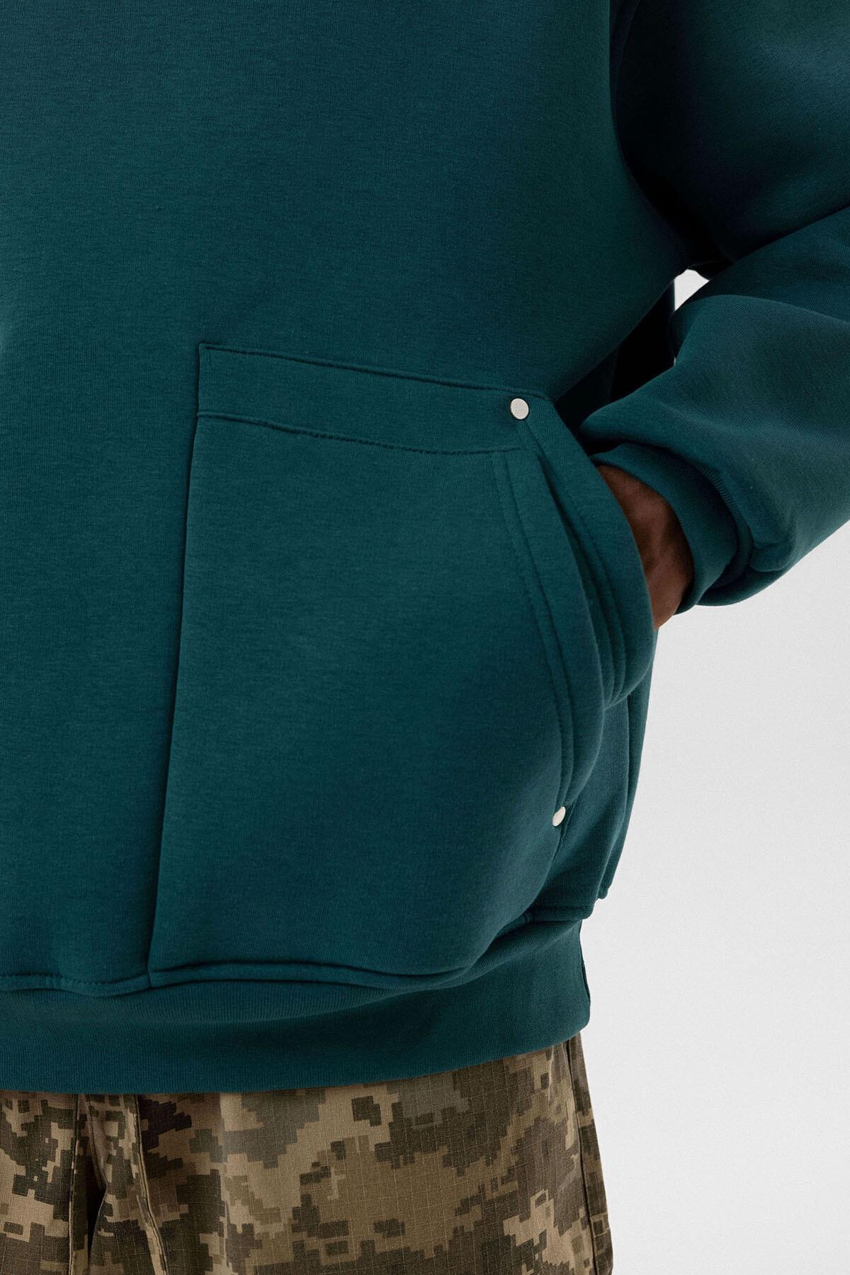 Cep Detaylı Kapüşonlu Oversize Sweatshirt Petrol