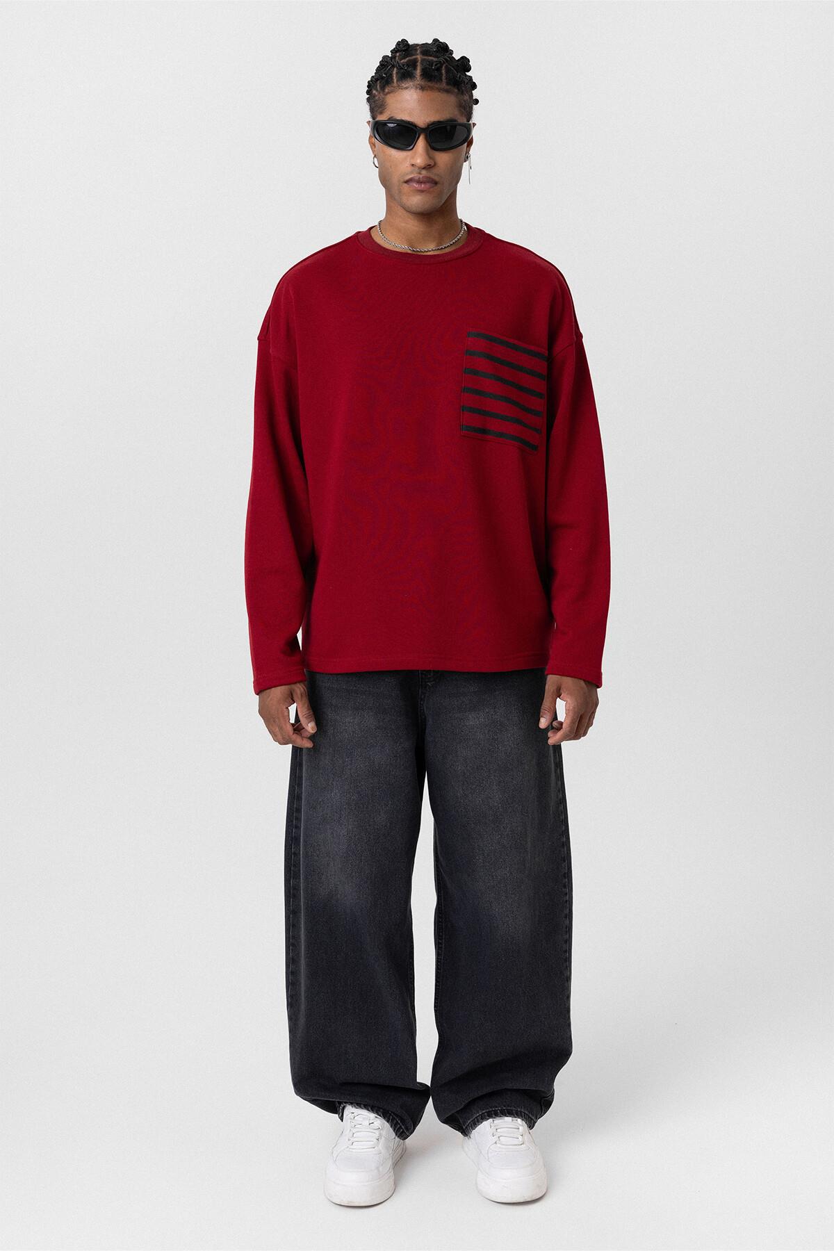 Cep Detaylı Oversize Sweatshirt Bordo