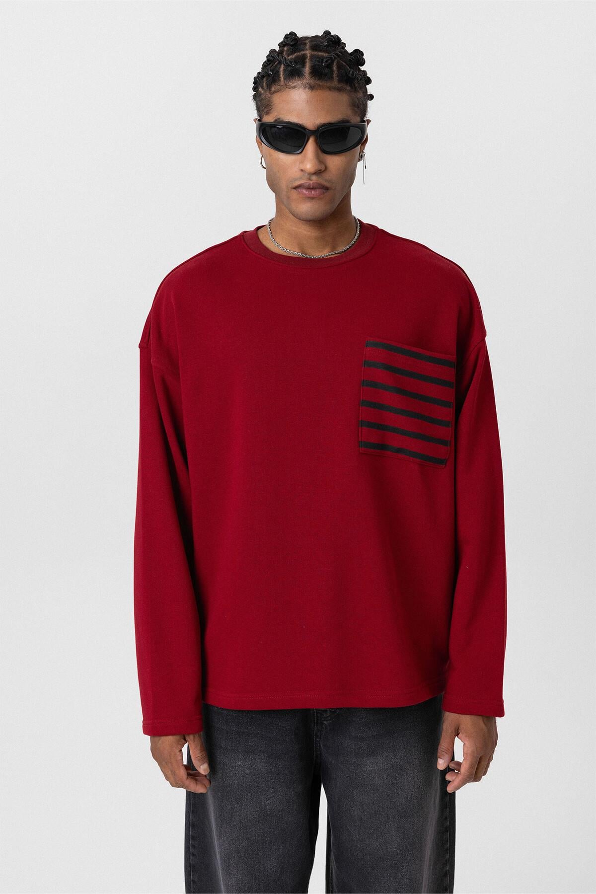 Cep Detaylı Oversize Sweatshirt Bordo