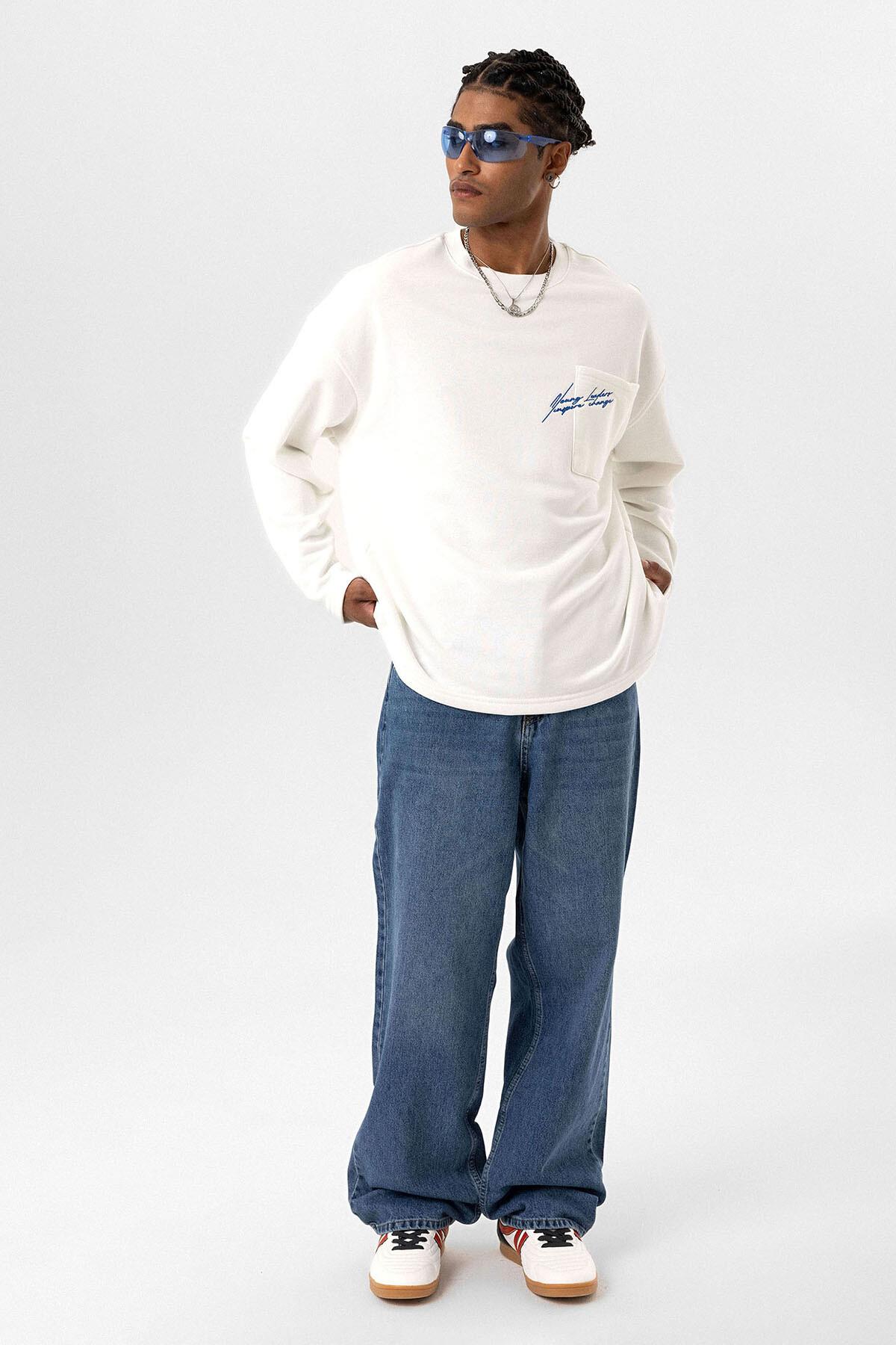Cep Detaylı Oversize Sweatshirt Ekru
