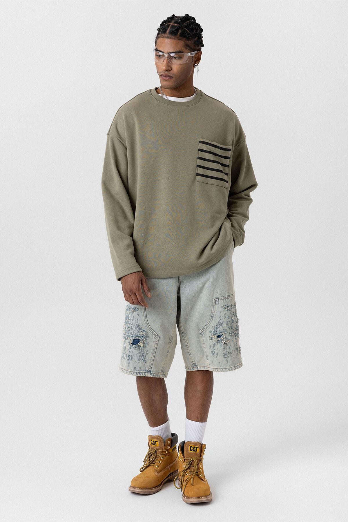 Cep Detaylı Oversize Sweatshirt Haki