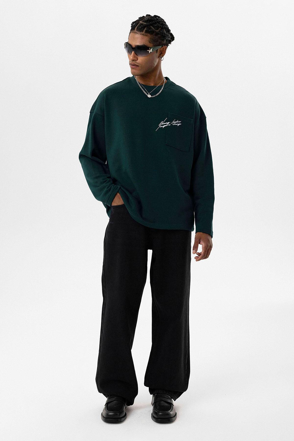 Cep Detaylı Oversize Sweatshirt Nefti