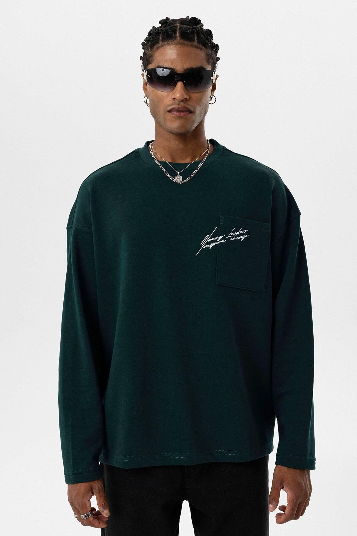 Cep Detaylı Oversize Sweatshirt Nefti
