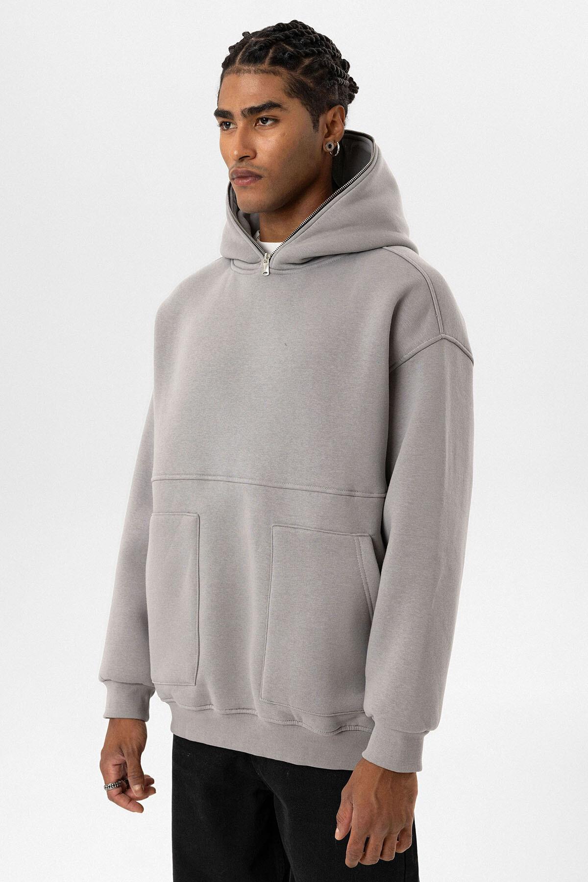 Çift Cep Fermuar Detaylı Kapüşonlu Sweatshirt Açık Gri