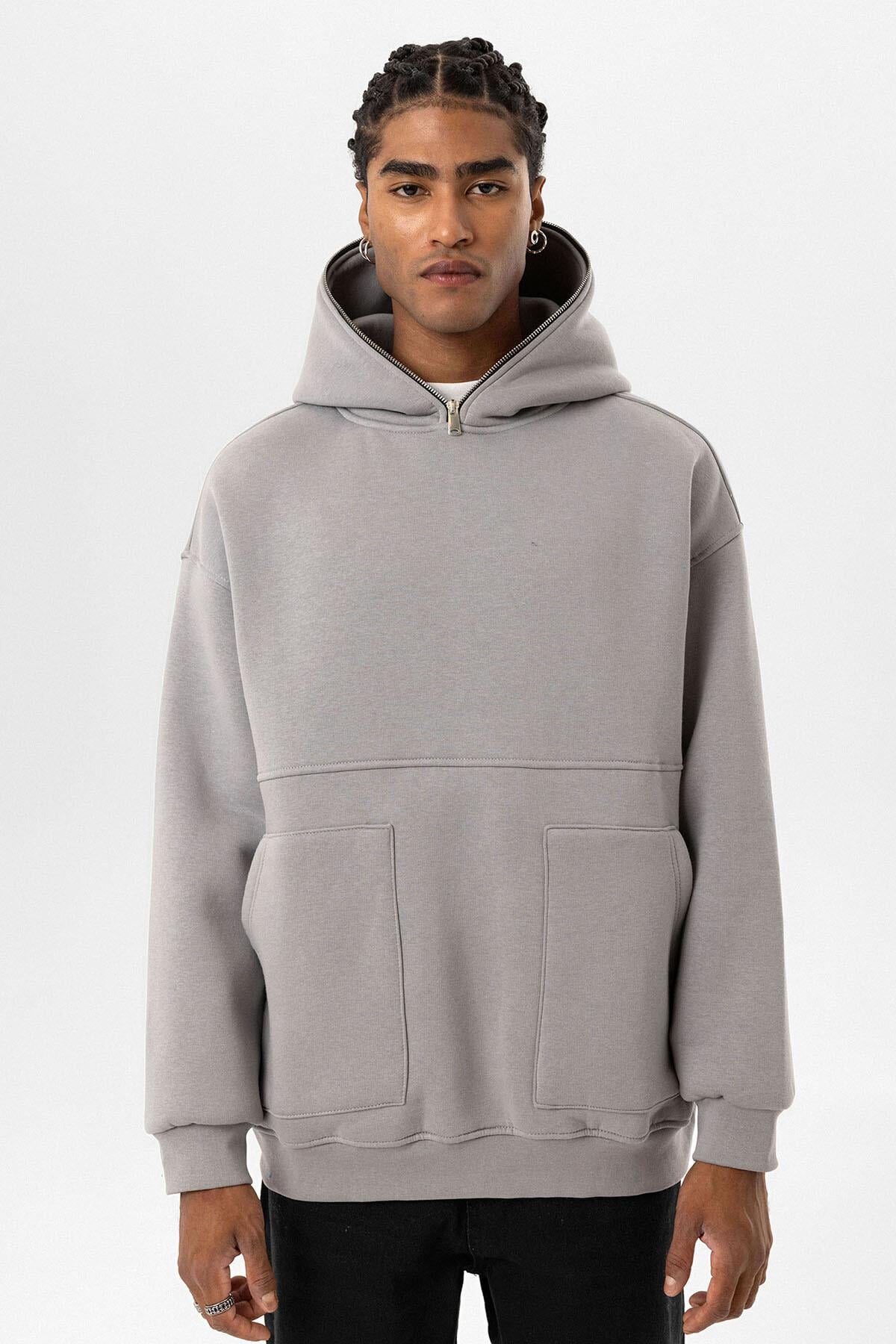 Çift Cep Fermuar Detaylı Kapüşonlu Sweatshirt Açık Gri