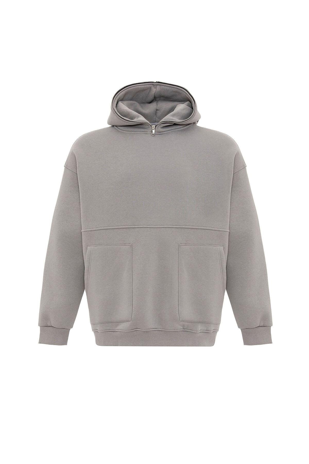 Çift Cep Fermuar Detaylı Kapüşonlu Sweatshirt Açık Gri