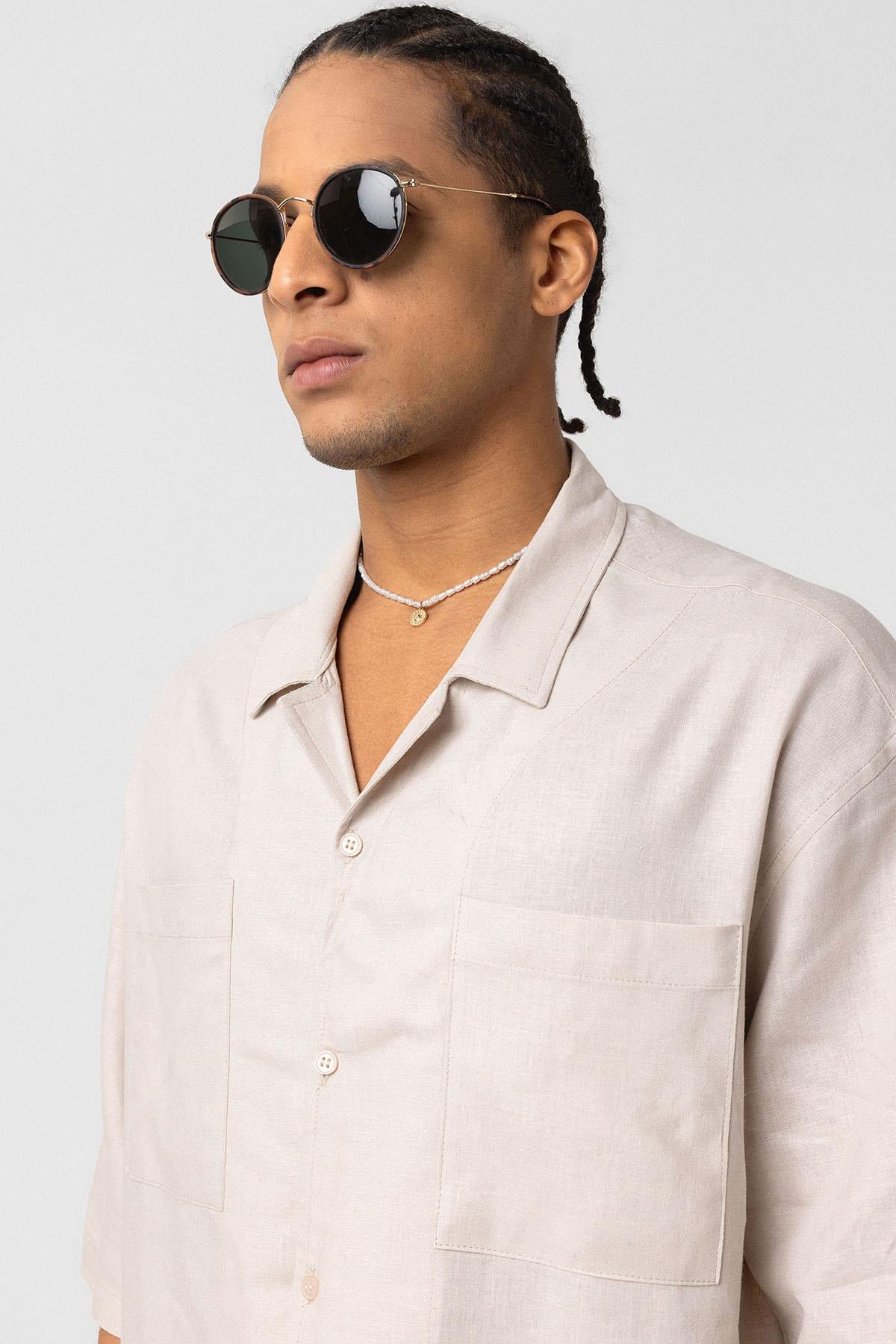 Çift Cepli Oversize Keten Gömlek Bej