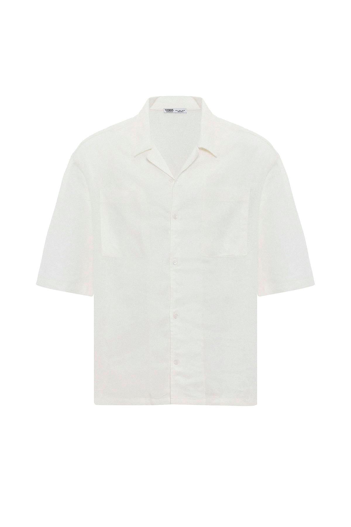 Çift Cepli Oversize Keten Gömlek Ekru