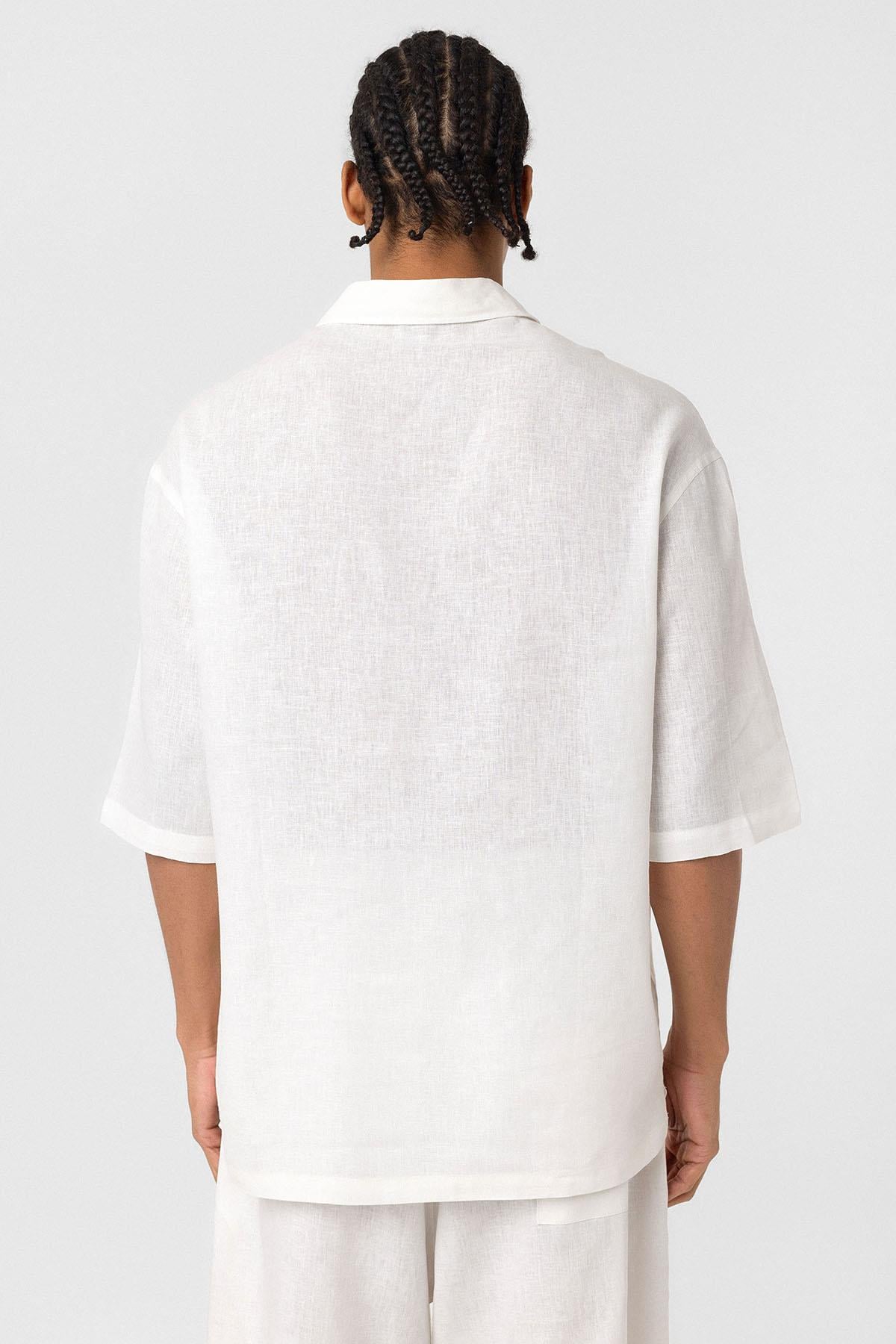 Çift Cepli Oversize Keten Gömlek Ekru