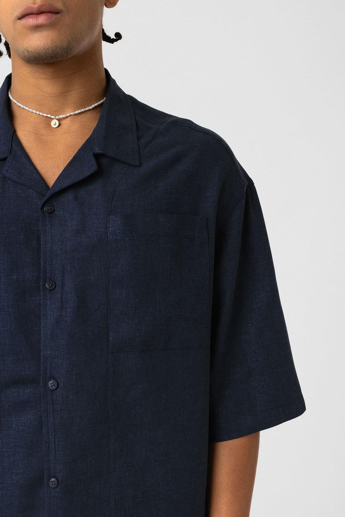 Çift Cepli Oversize Keten Gömlek Lacivert
