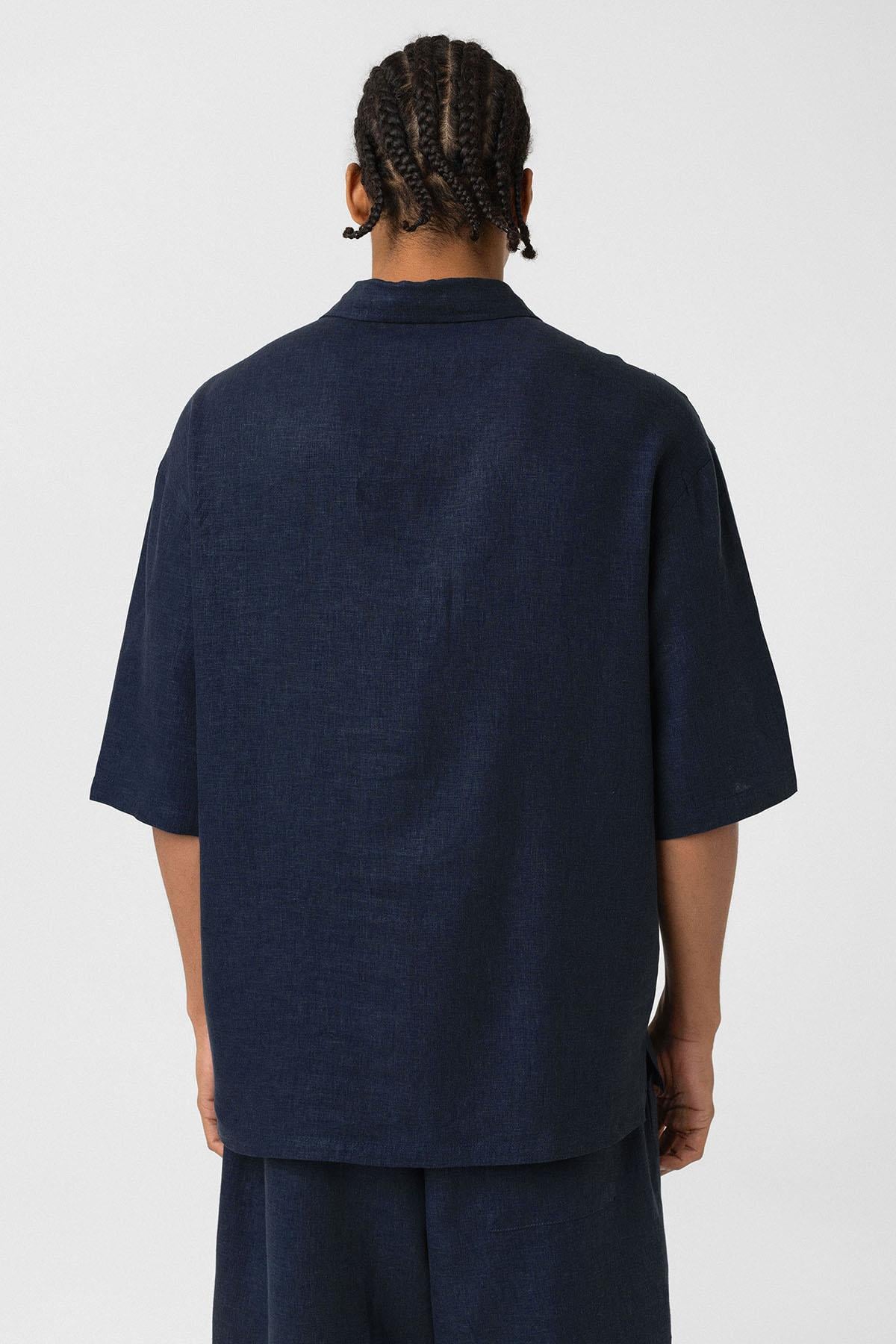 Çift Cepli Oversize Keten Gömlek Lacivert