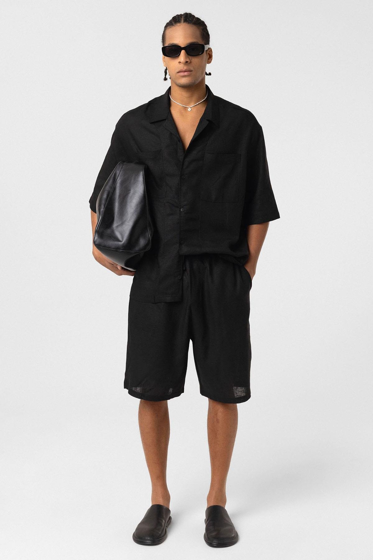 Çift Cepli Oversize Keten Gömlek Siyah