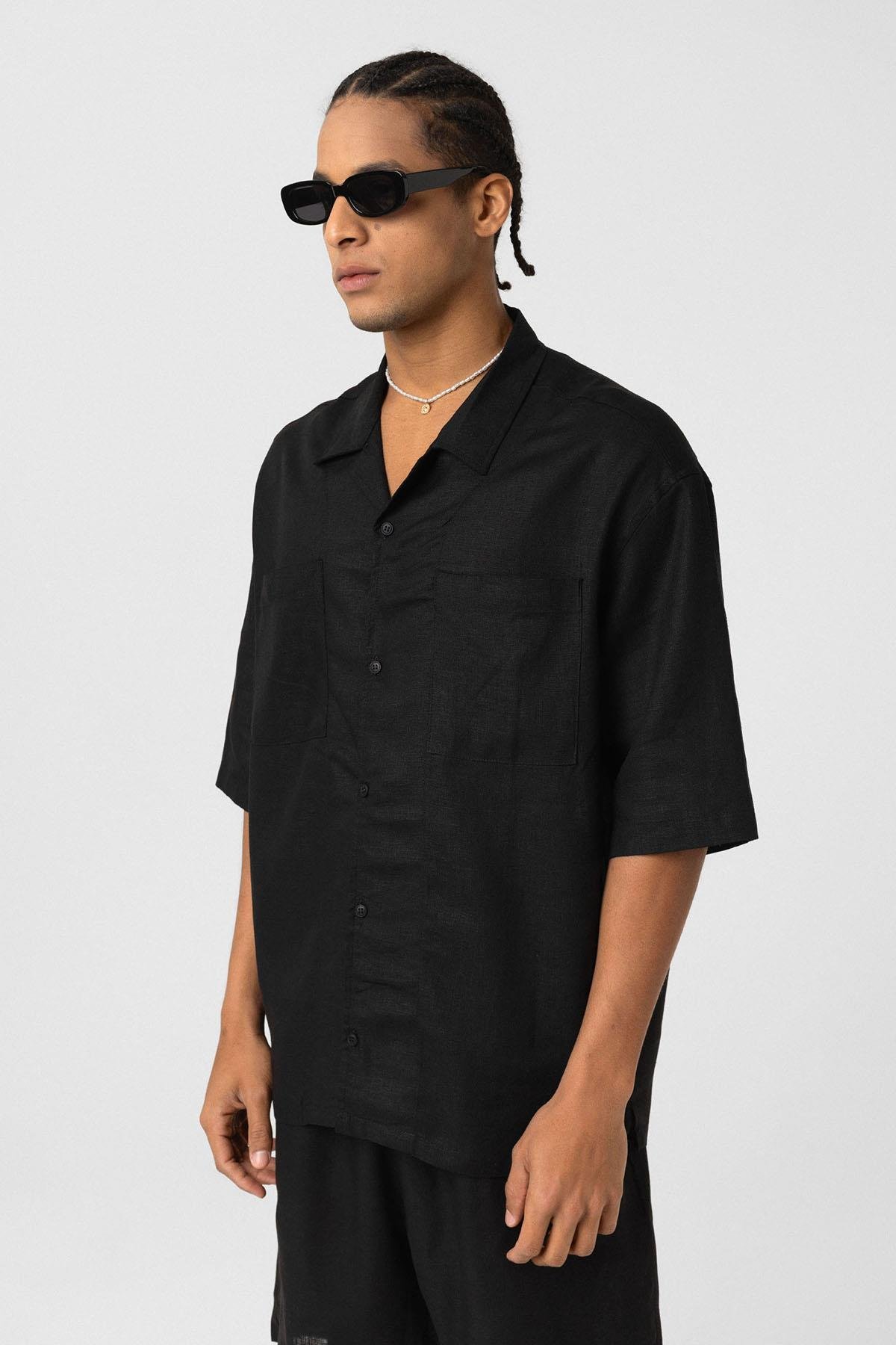 Çift Cepli Oversize Keten Gömlek Siyah