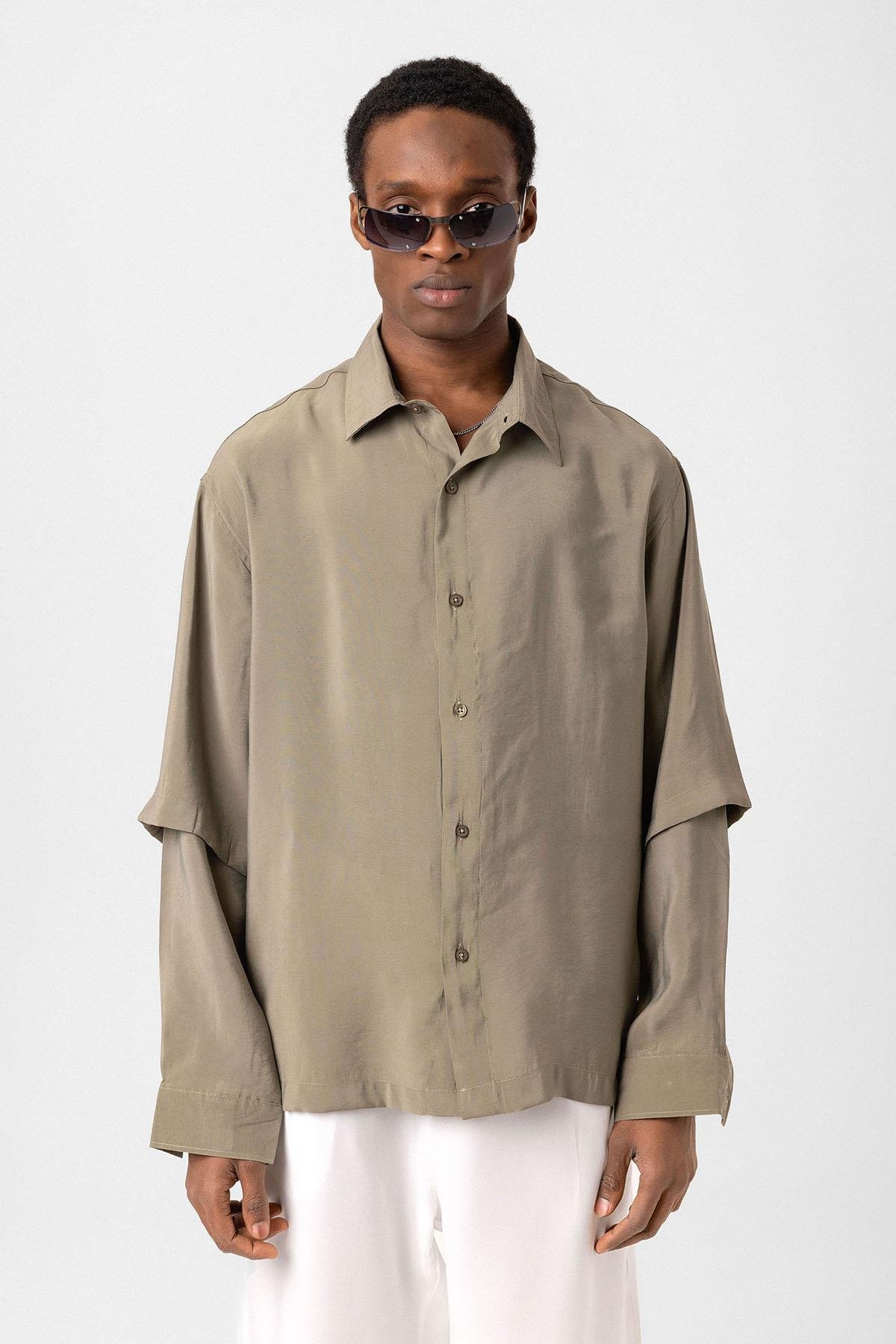 Çift Kol Detaylı Oversize Gömlek Haki