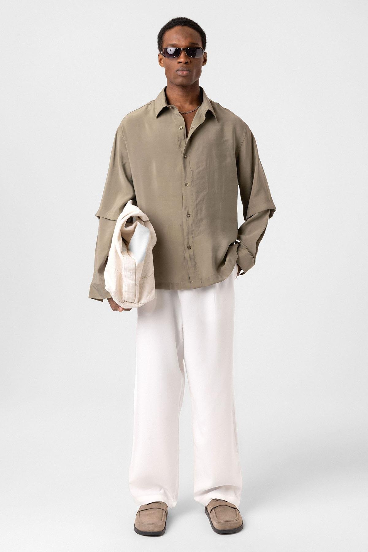 Çift Kol Detaylı Oversize Gömlek Haki