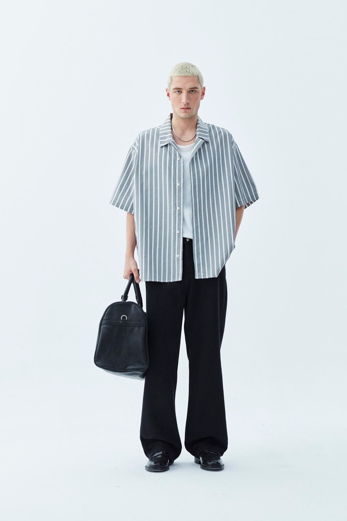 Çizgili Oversize Kısa Kol Gömlek Antrasit