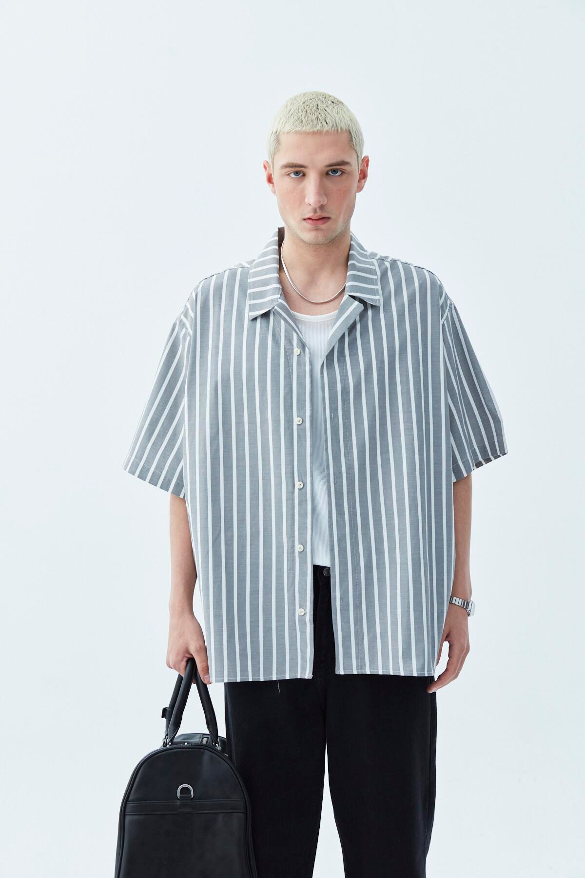 Çizgili Oversize Kısa Kol Gömlek Antrasit