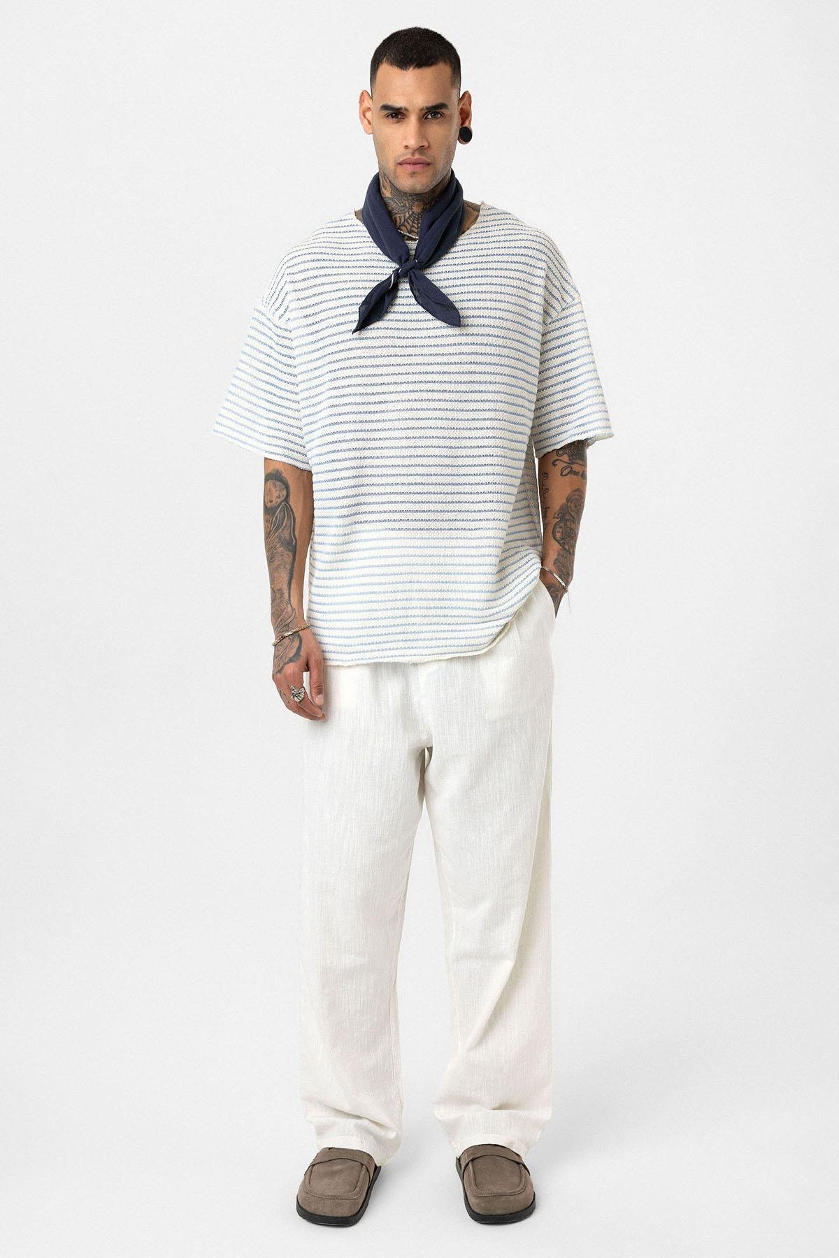 Çizgili Oversize Triko Tişört Bebe Mavi