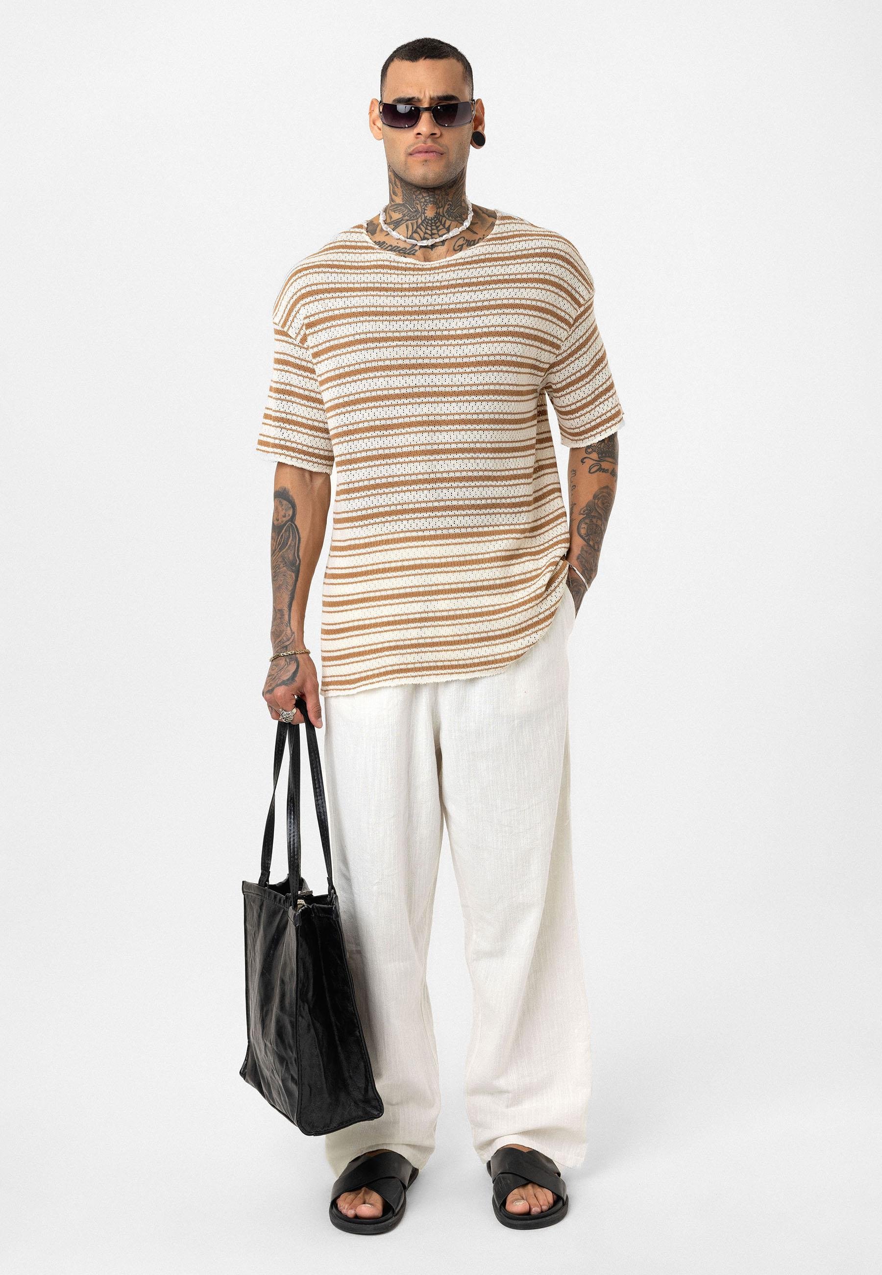 Çizgili Oversize Triko Tişört Camel