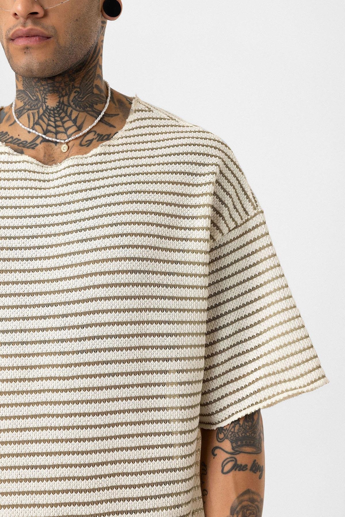 Çizgili Oversize Triko Tişört Haki