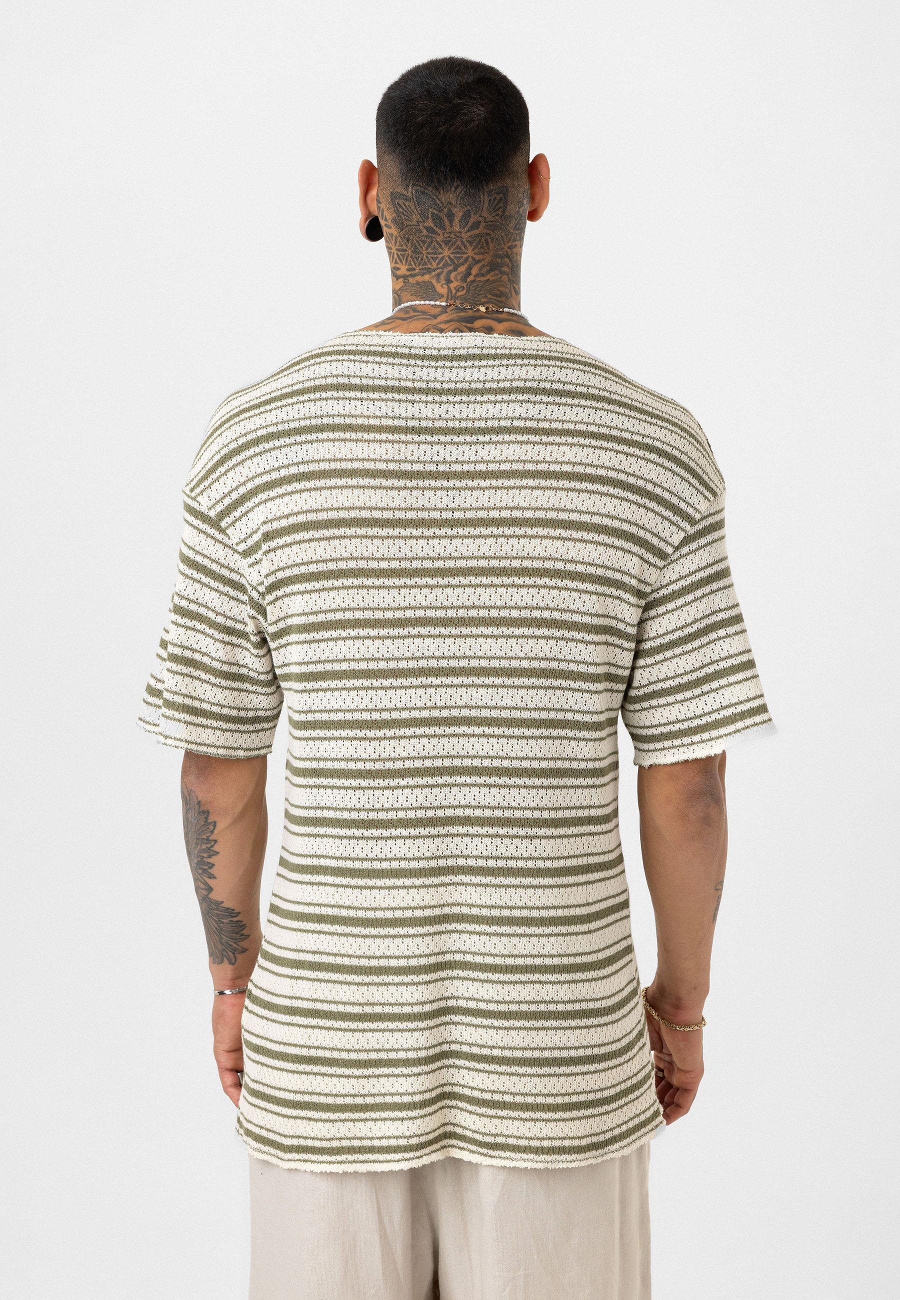 Çizgili Oversize Triko Tişört Haki