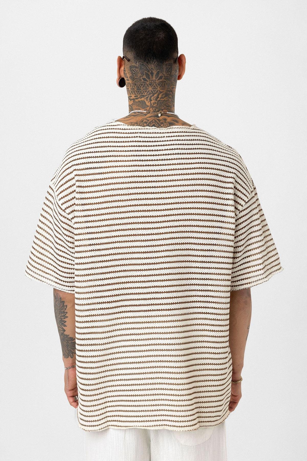 Çizgili Oversize Triko Tişört Kahve