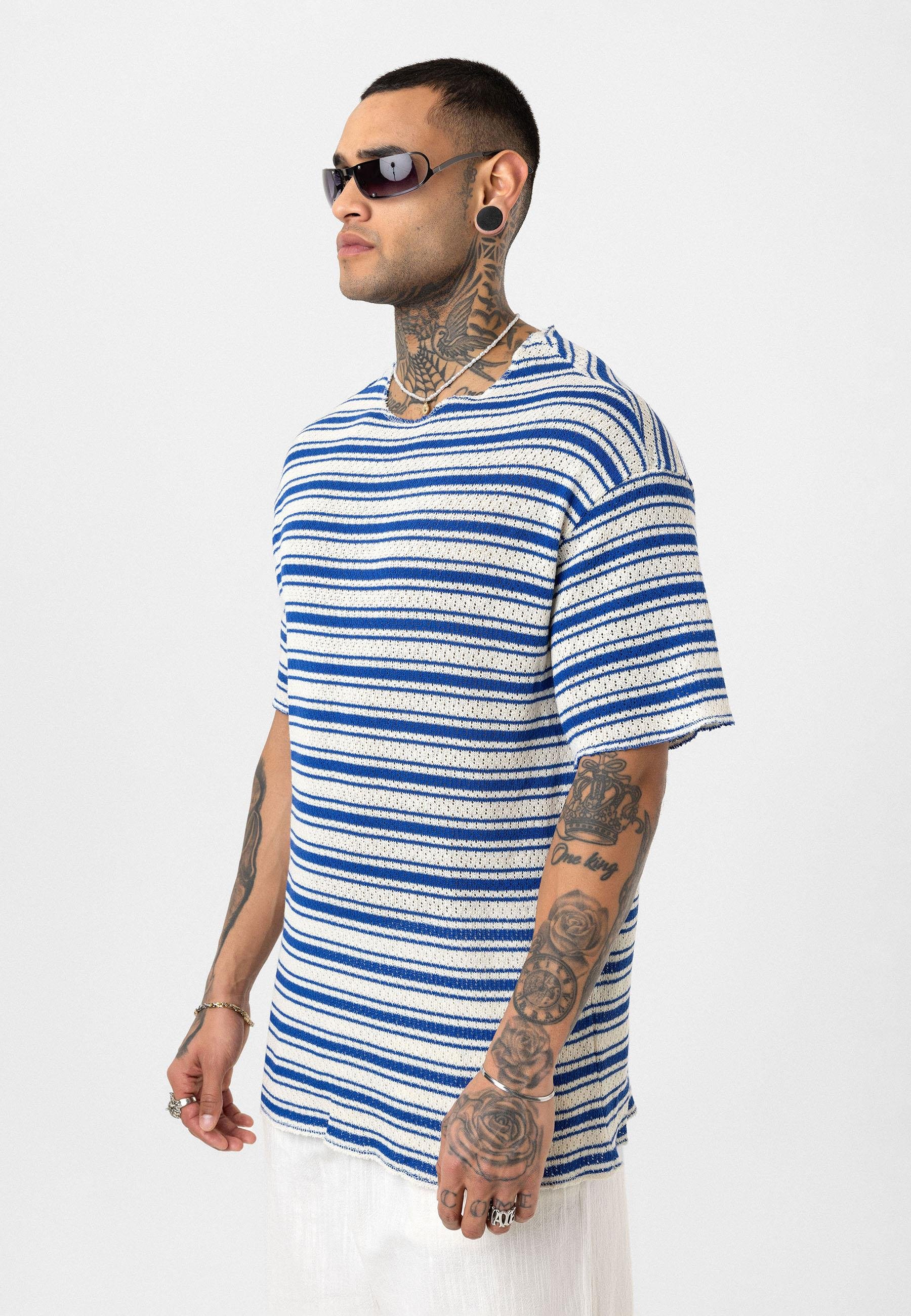 Çizgili Oversize Triko Tişört Saks