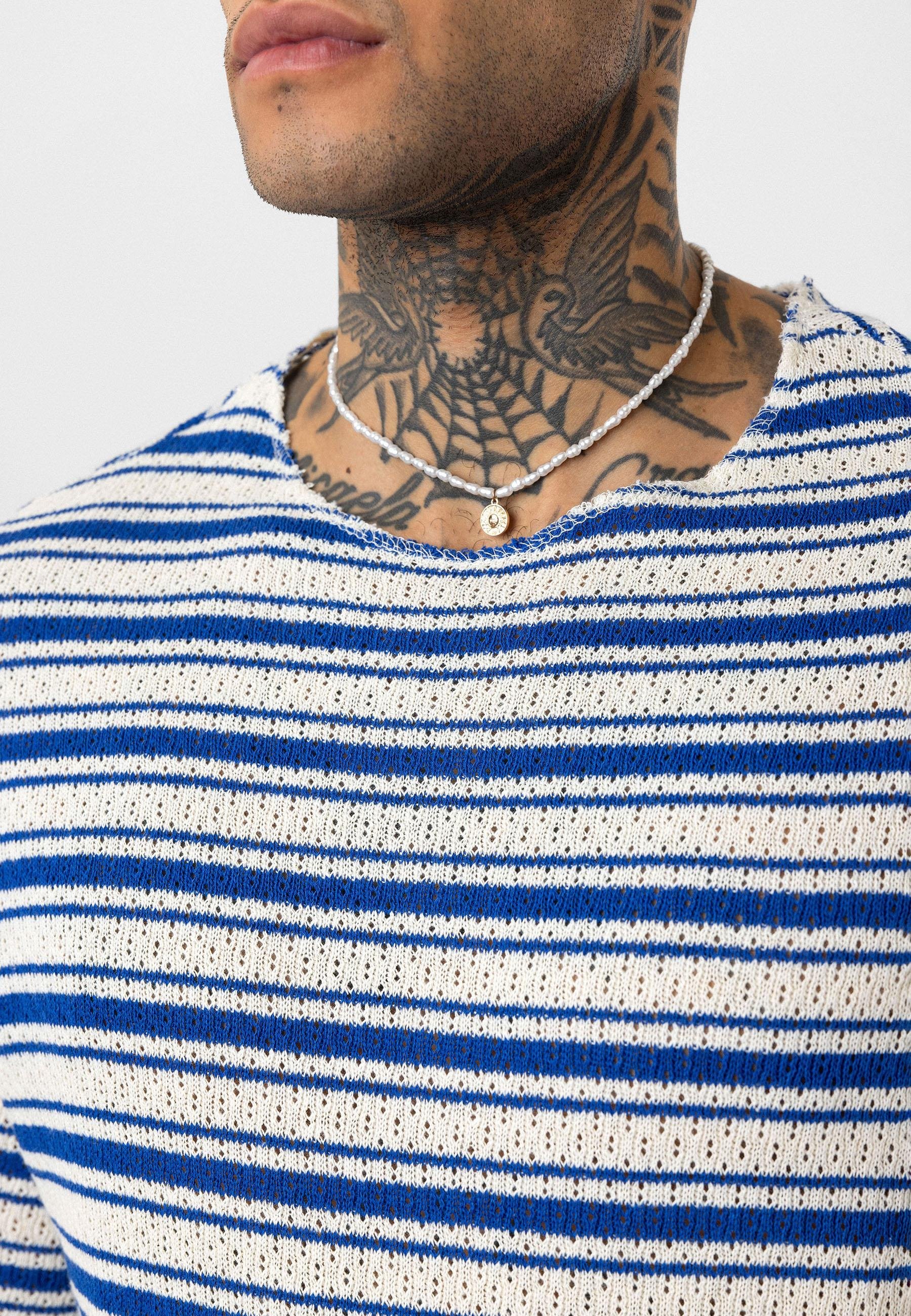 Çizgili Oversize Triko Tişört Saks