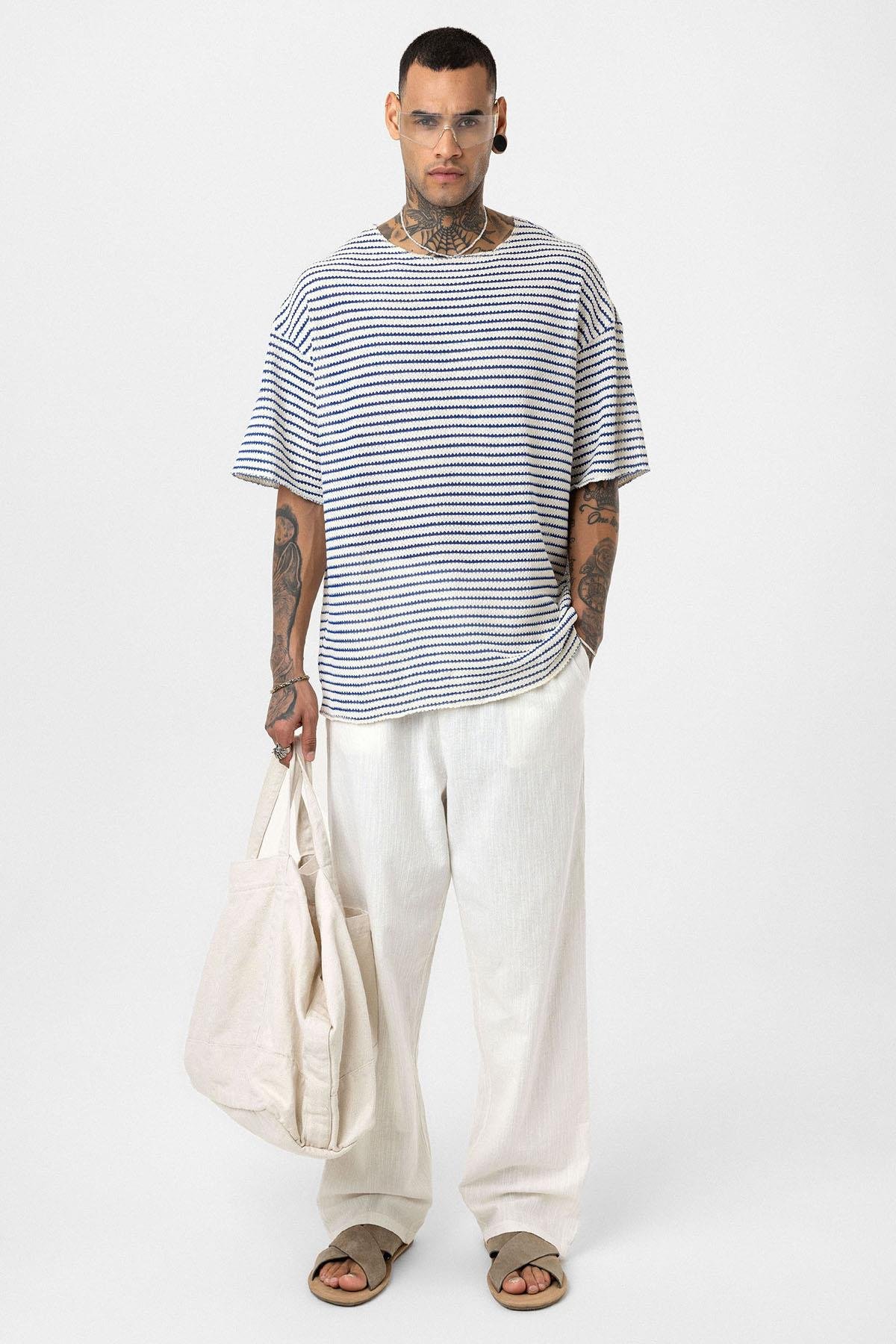 Çizgili Oversize Triko Tişört Saks