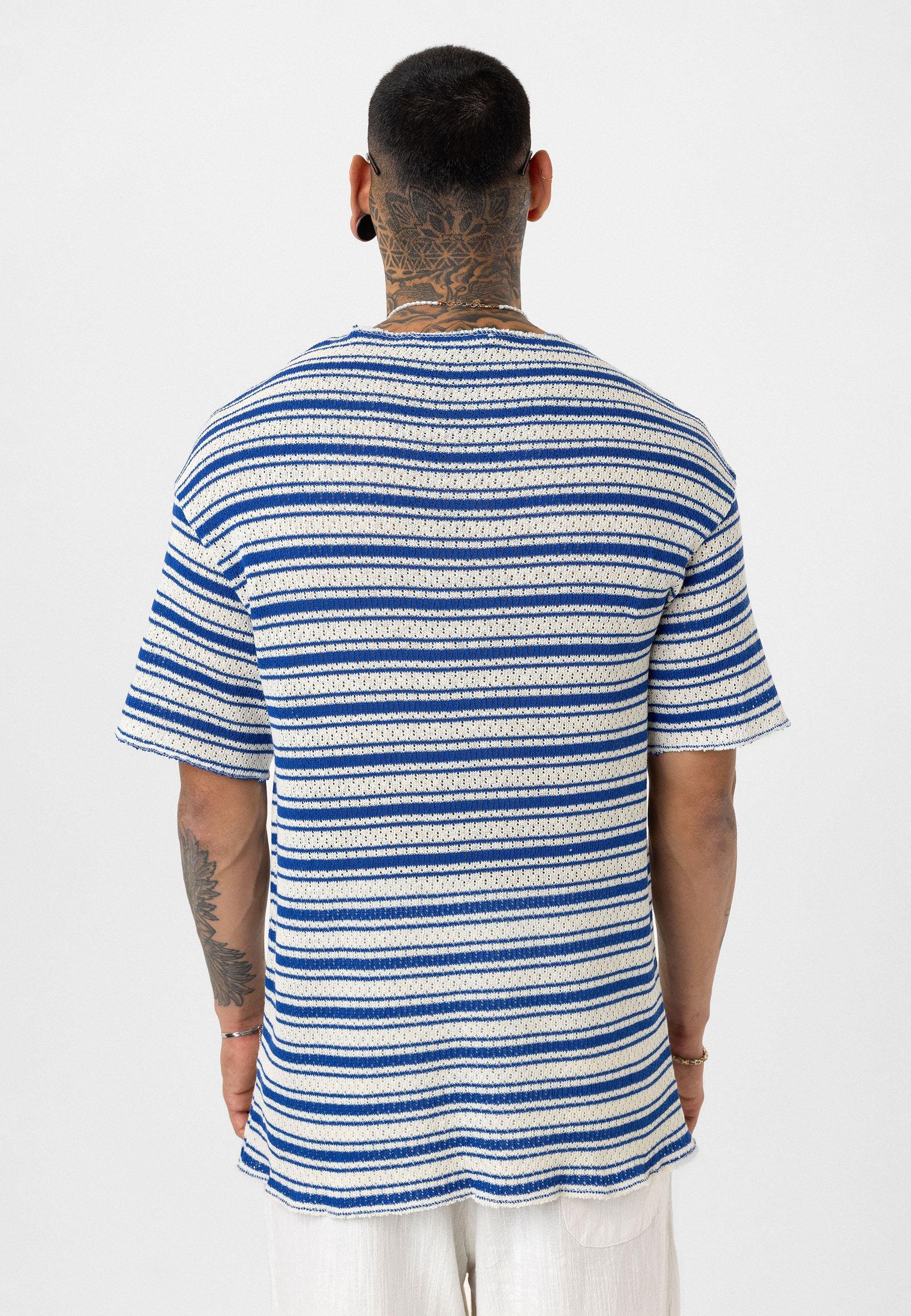 Çizgili Oversize Triko Tişört Saks