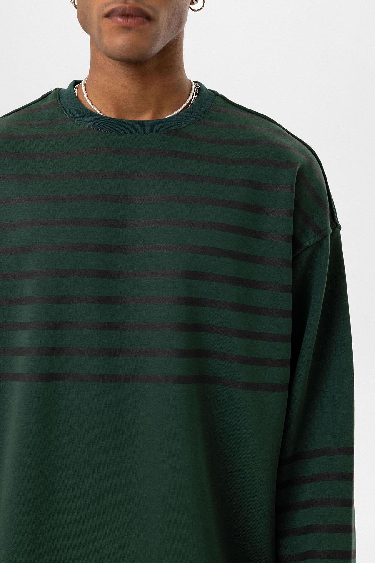 Çizgili Şerit Detaylı Oversize Sweatshirt Nefti