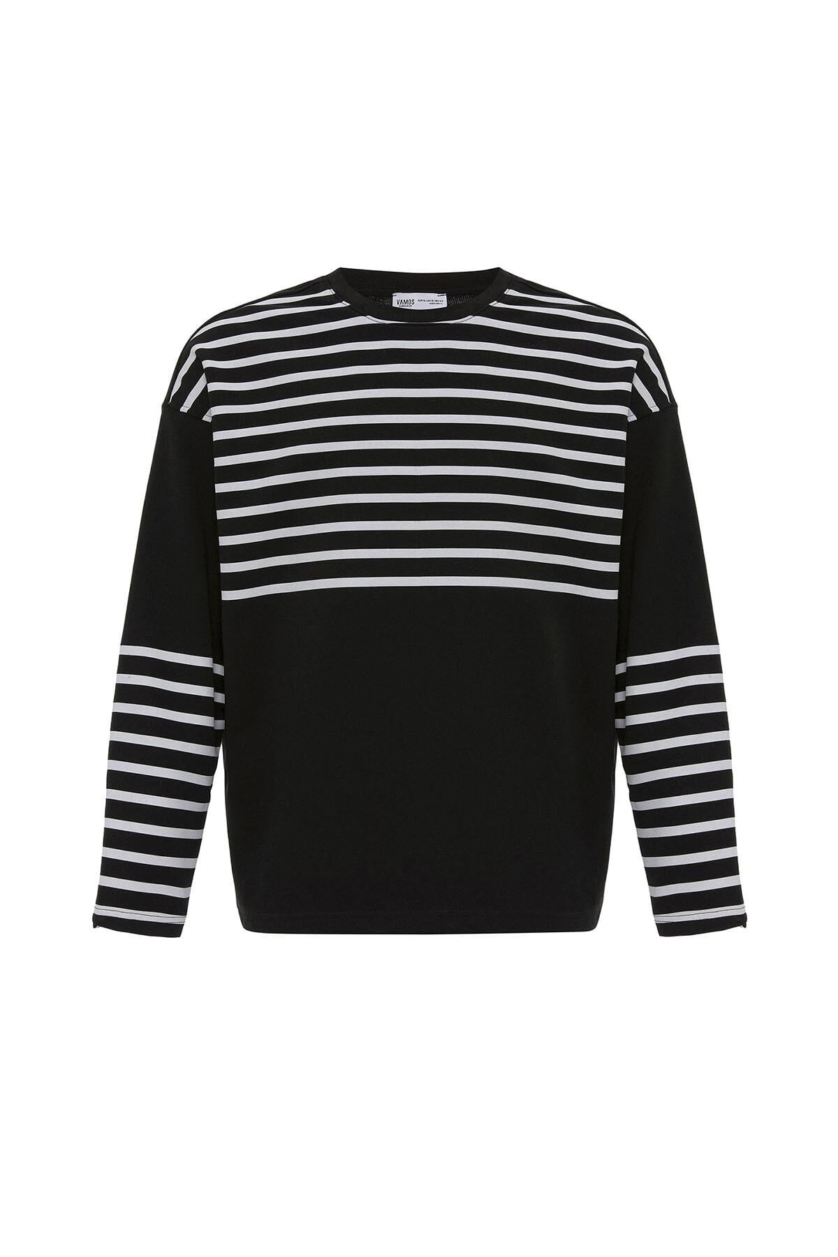 Çizgili Şerit Detaylı Oversize Sweatshirt Siyah