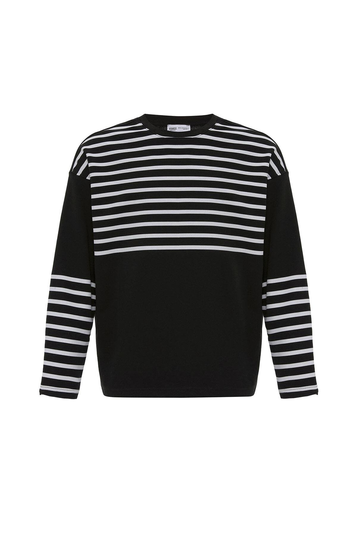 Çizgili Şerit Detaylı Oversize Sweatshirt Siyah