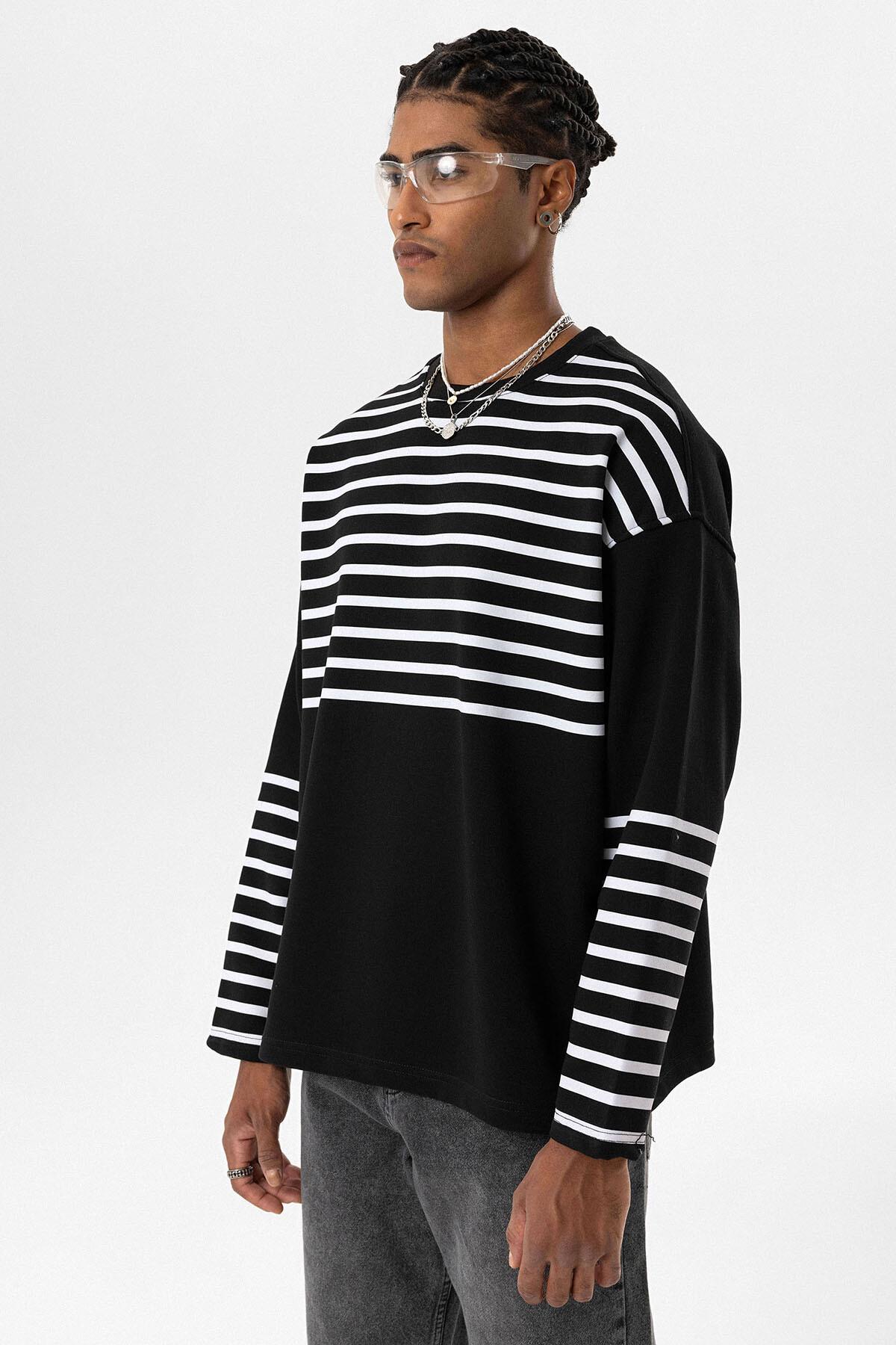 Çizgili Şerit Detaylı Oversize Sweatshirt Siyah