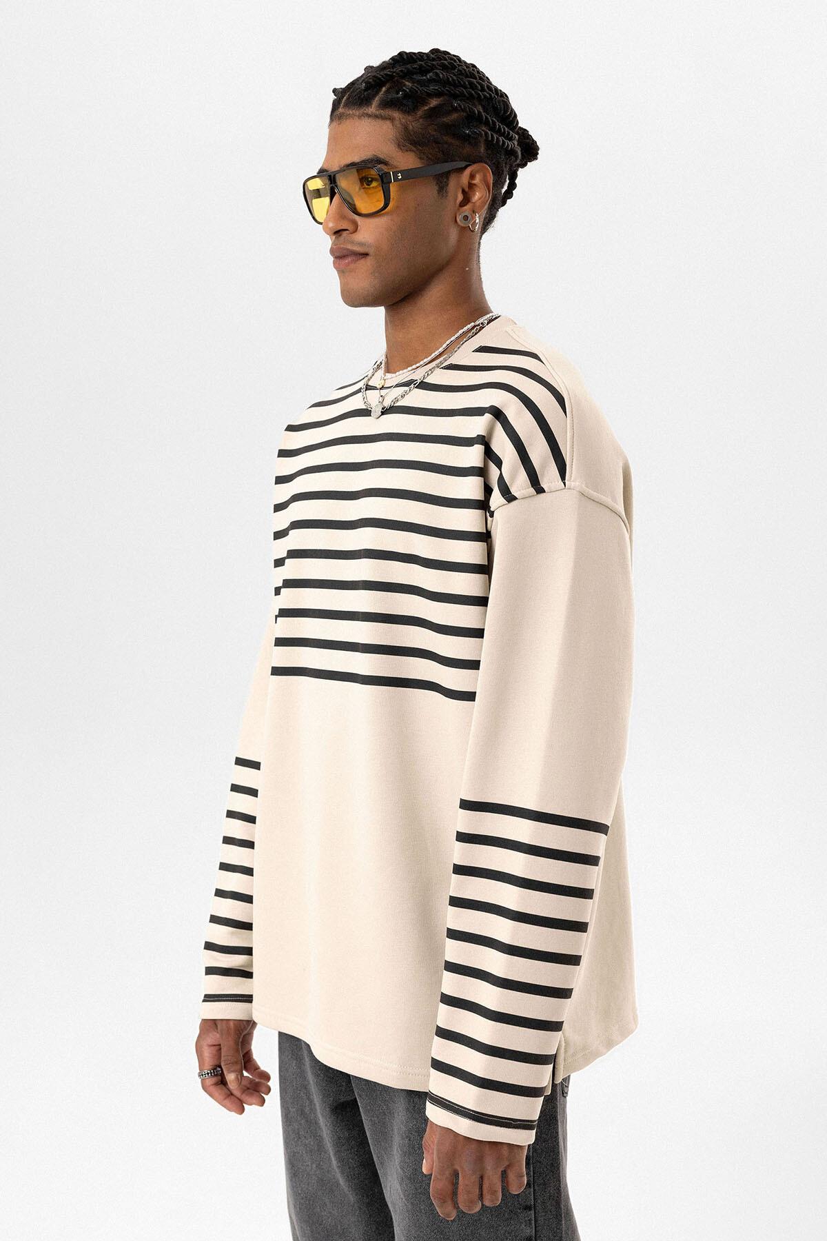 Çizgili Şerit Detaylı Oversize Sweatshirt Taş