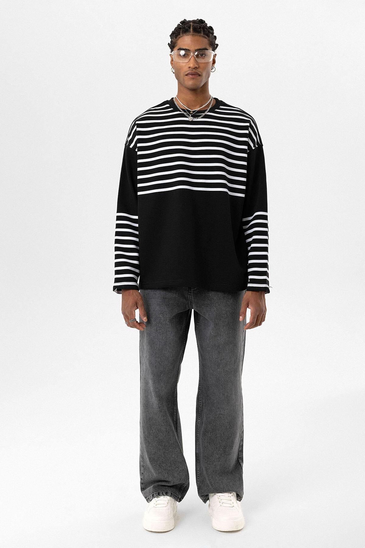 Çizgili Şerit Detaylı Oversize Sweatshirt Siyah