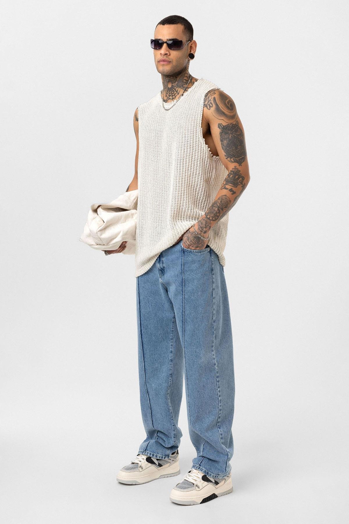 Dikiş Detaylı Relaxed Fit Jean Açık Mavi Melanj