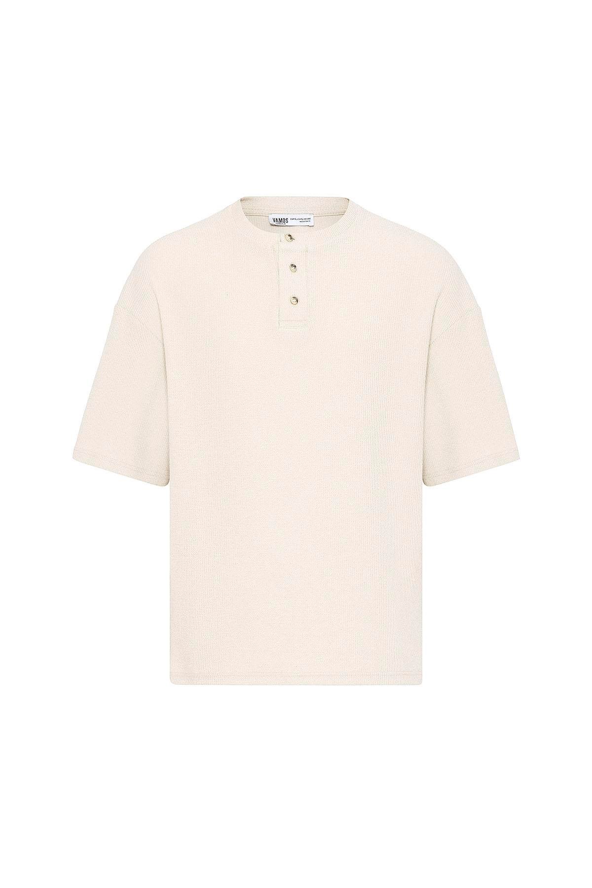 Düğmeli Yaka Oversize Tişört Taş