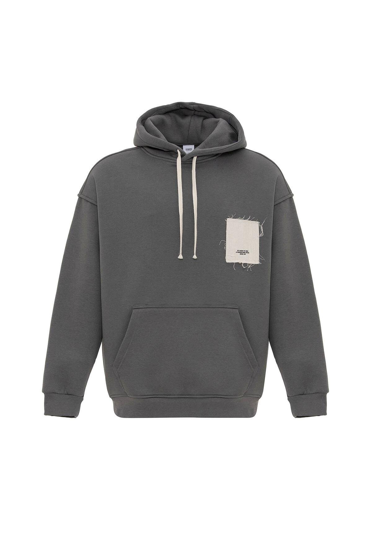 Etiket Detaylı Oversize Kapüşonlu Sweatshirt Füme