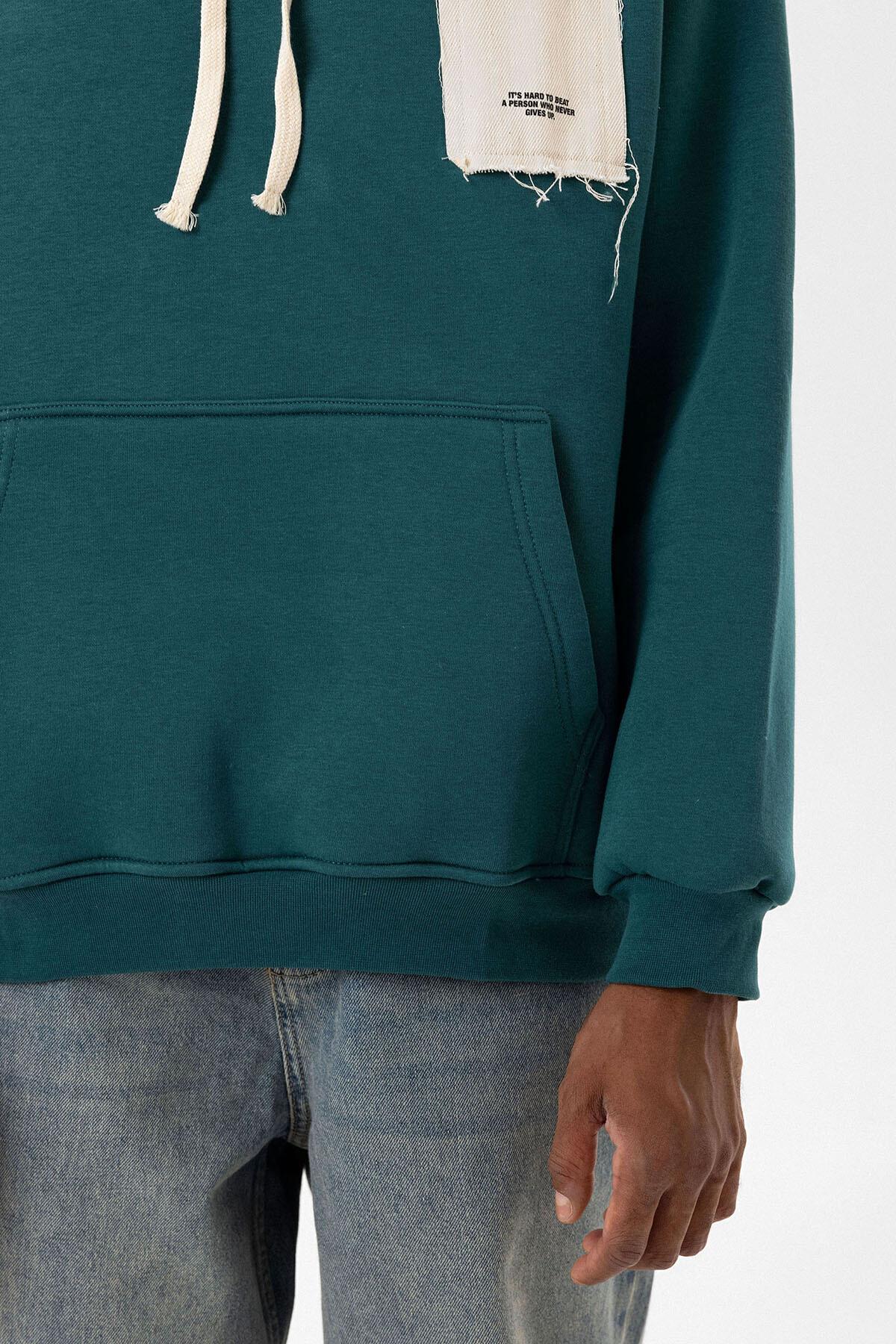 Etiket Detaylı Oversize Kapüşonlu Sweatshirt Petrol