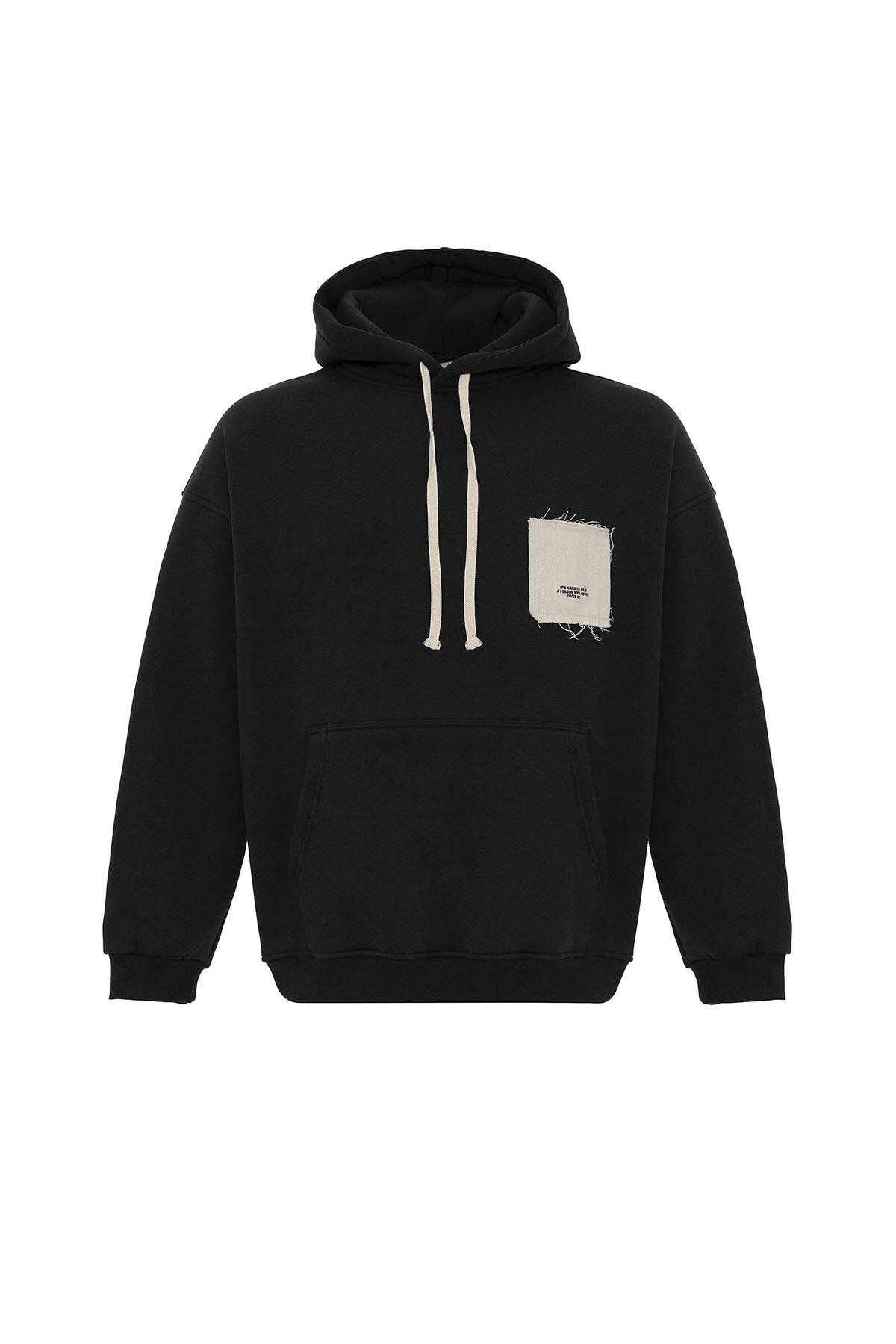 Etiket Detaylı Oversize Kapüşonlu Sweatshirt Siyah