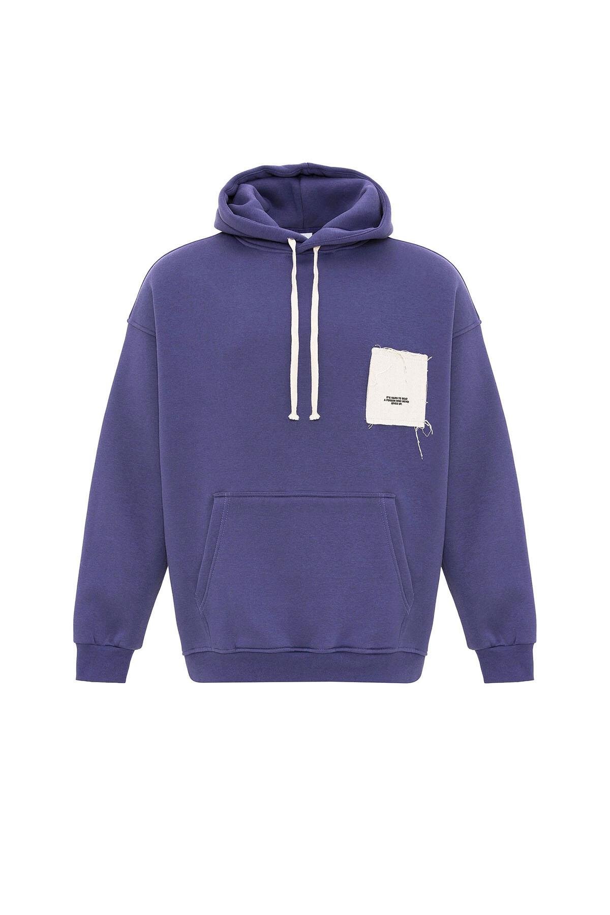 Etiket Detaylı Oversize Kapüşonlu Sweatshirt Mor